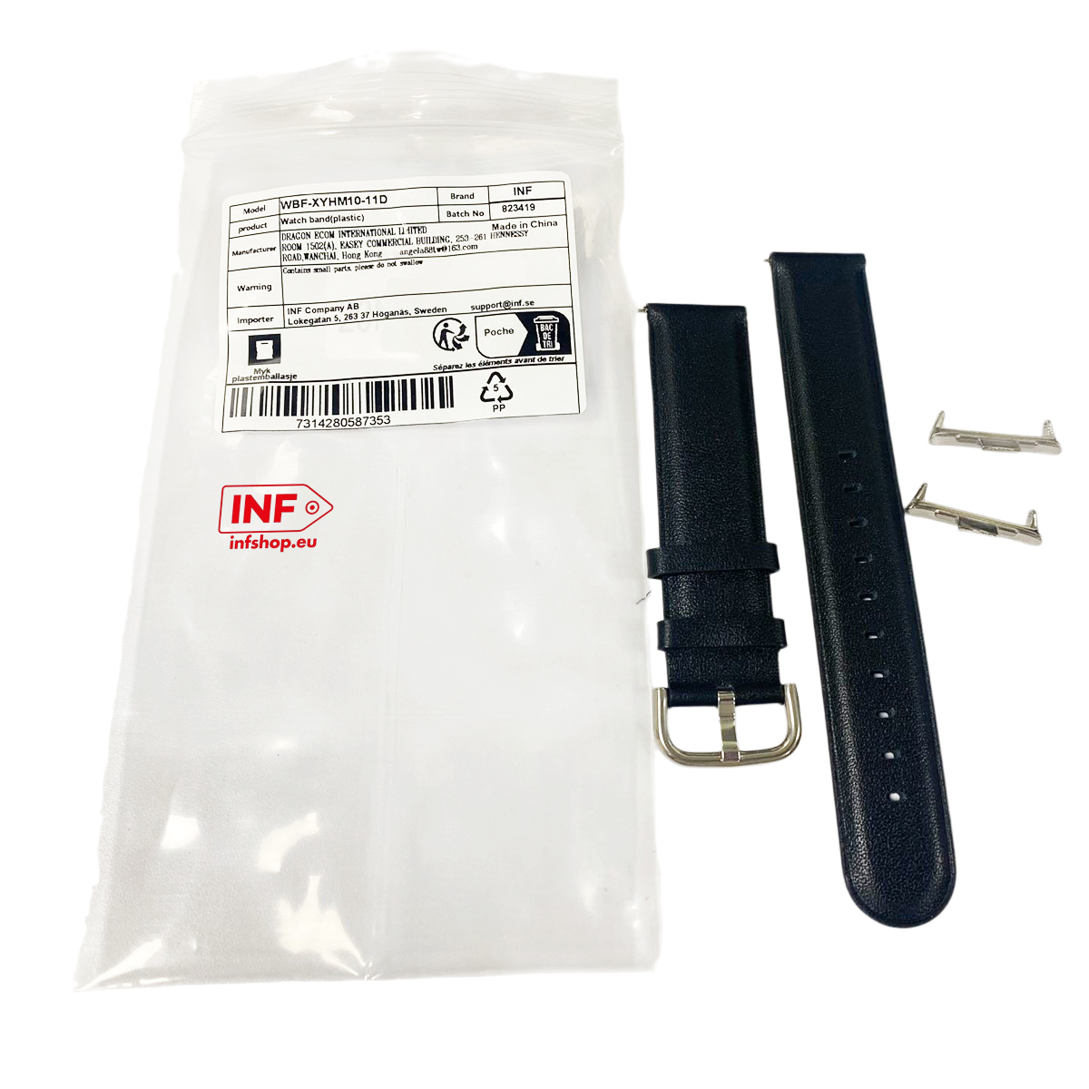 Czarny skórzany pasek do zegarka z klamrą i dwoma metalowymi bolcami.