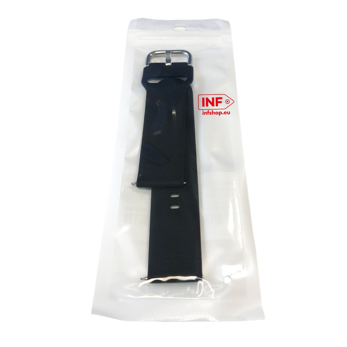 Czarny pasek do zegarka z metalową klamrą w przezroczystym opakowaniu.