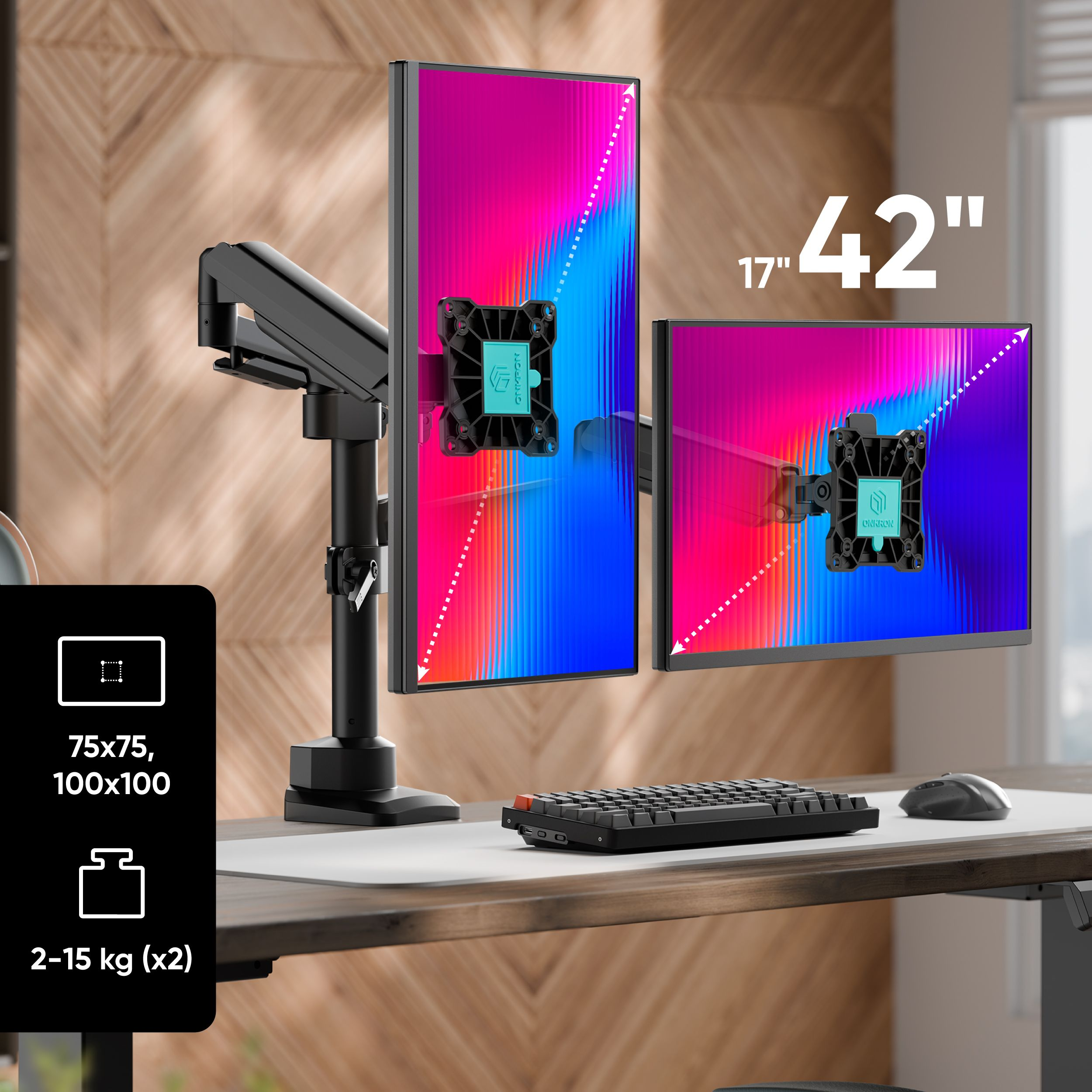 Czarny uchwyt na monitor trzyma dwa pionowe ekrany z kolorowymi tłami.