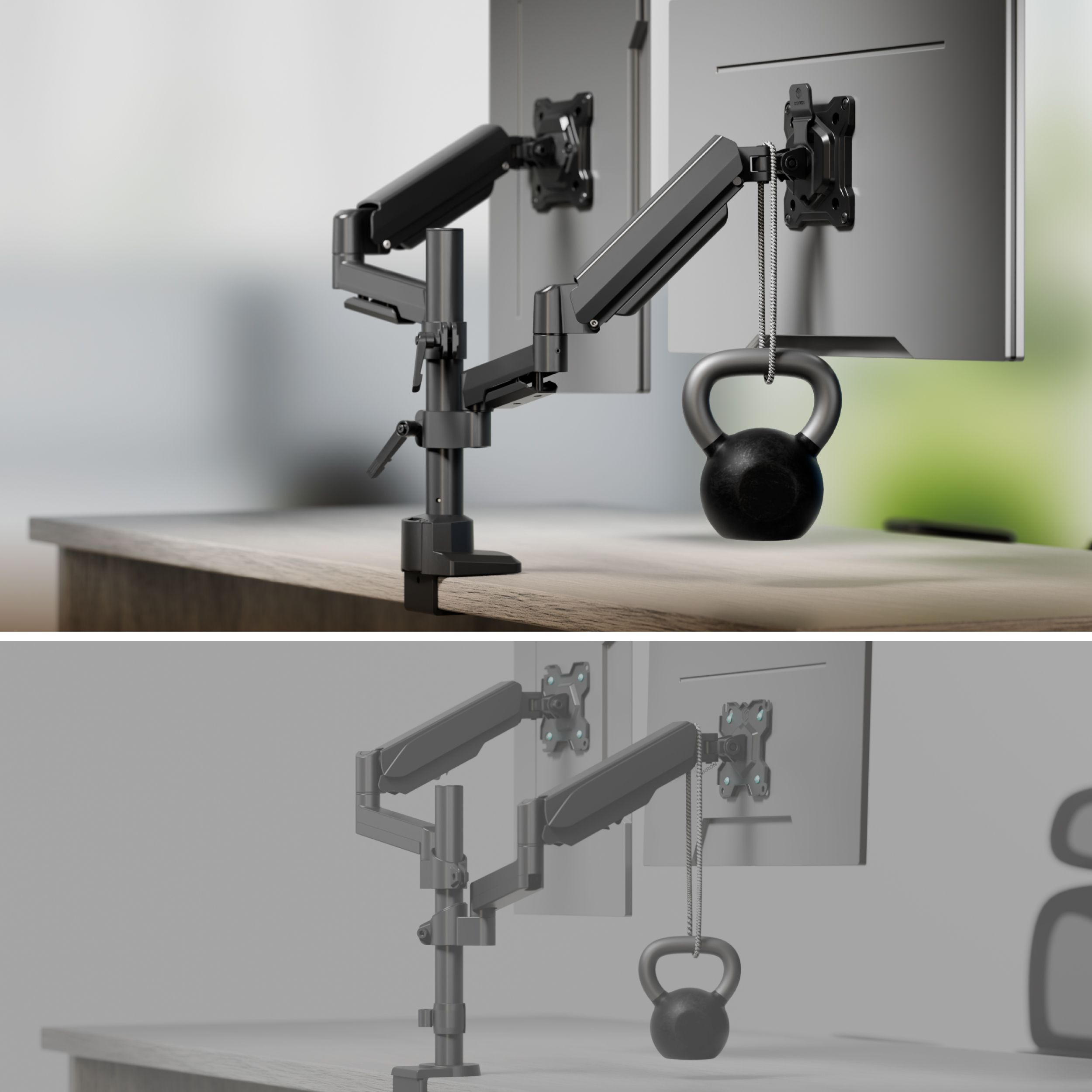 Czarny kettlebell wisi na ramieniu monitora przymocowanym do biurka.