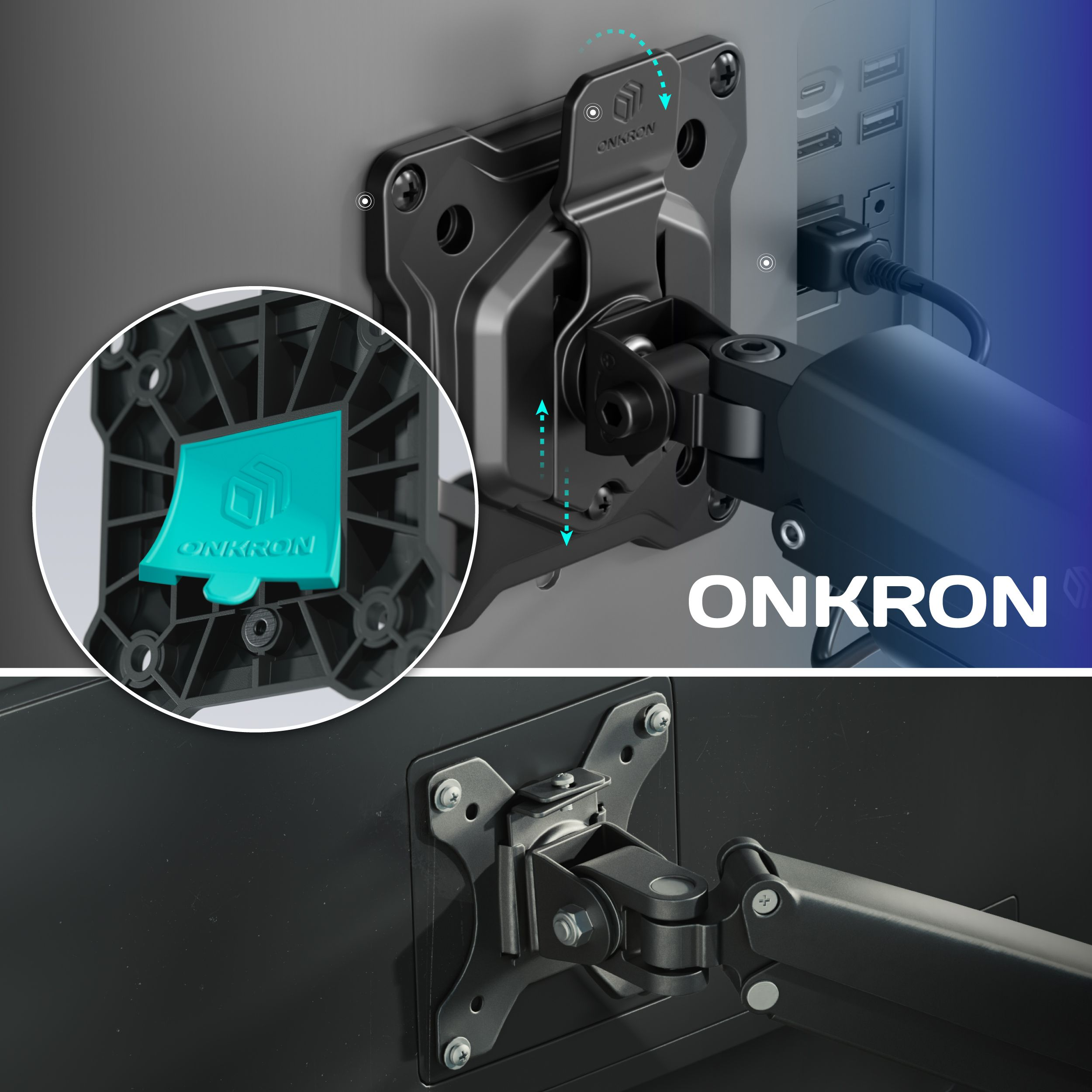 Srebrny uchwyt z ramieniem przymocowanym do czarnego komputera.