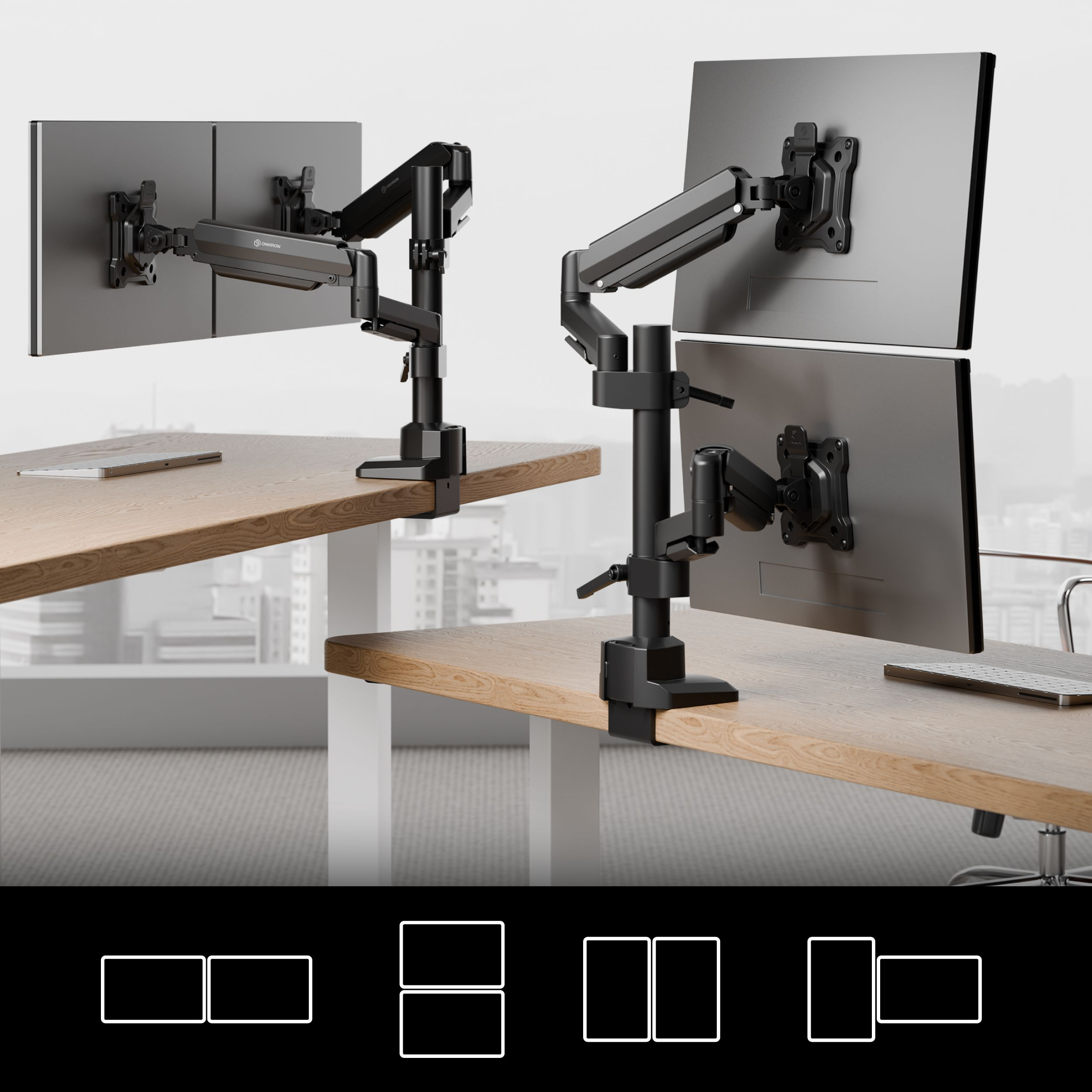 Dwa ramiona do monitorów na biurkach z monitorami, klawiaturą i oknami w tle.