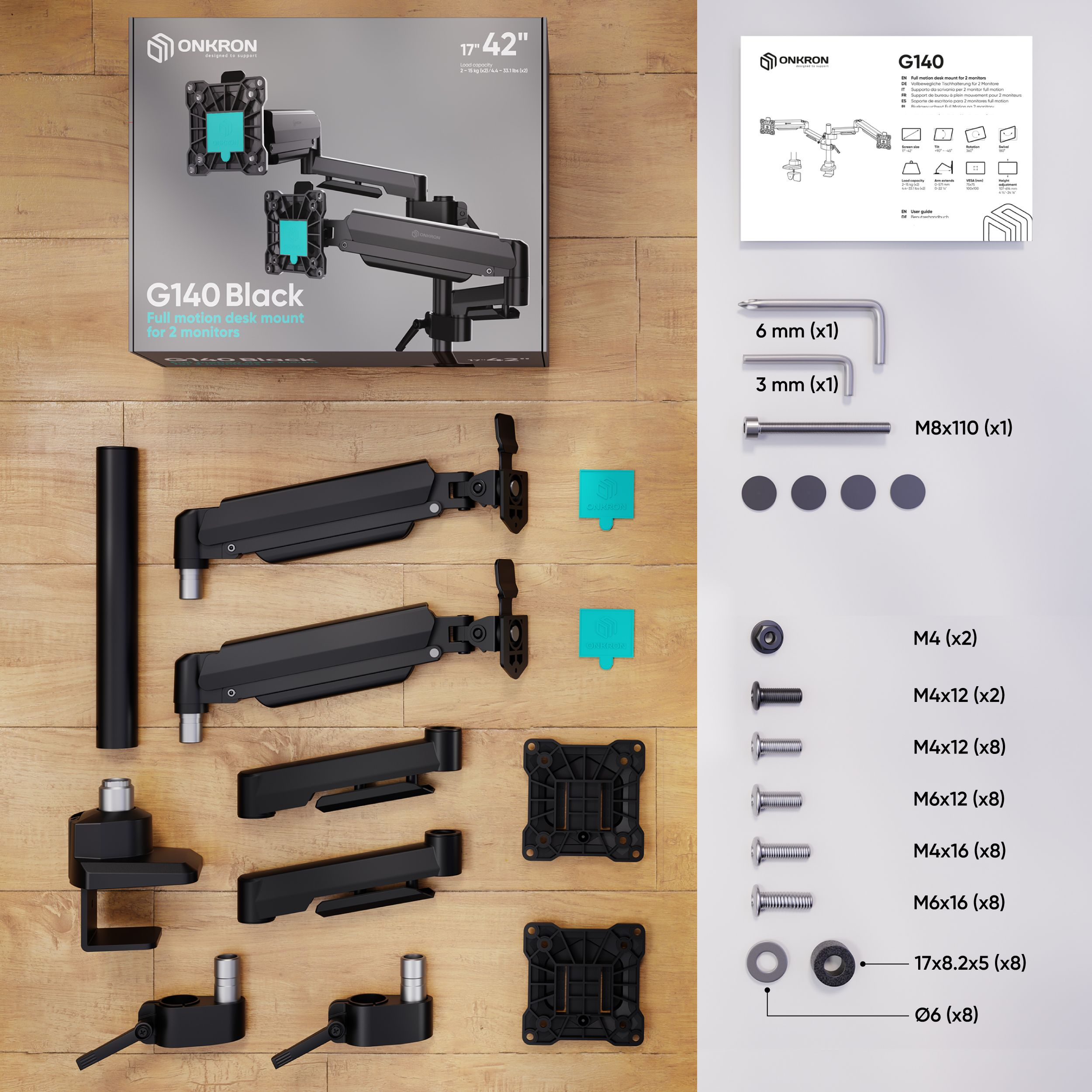 Dwa czarne ramiona do monitorów, śruby i narzędzia na drewnianym tle.