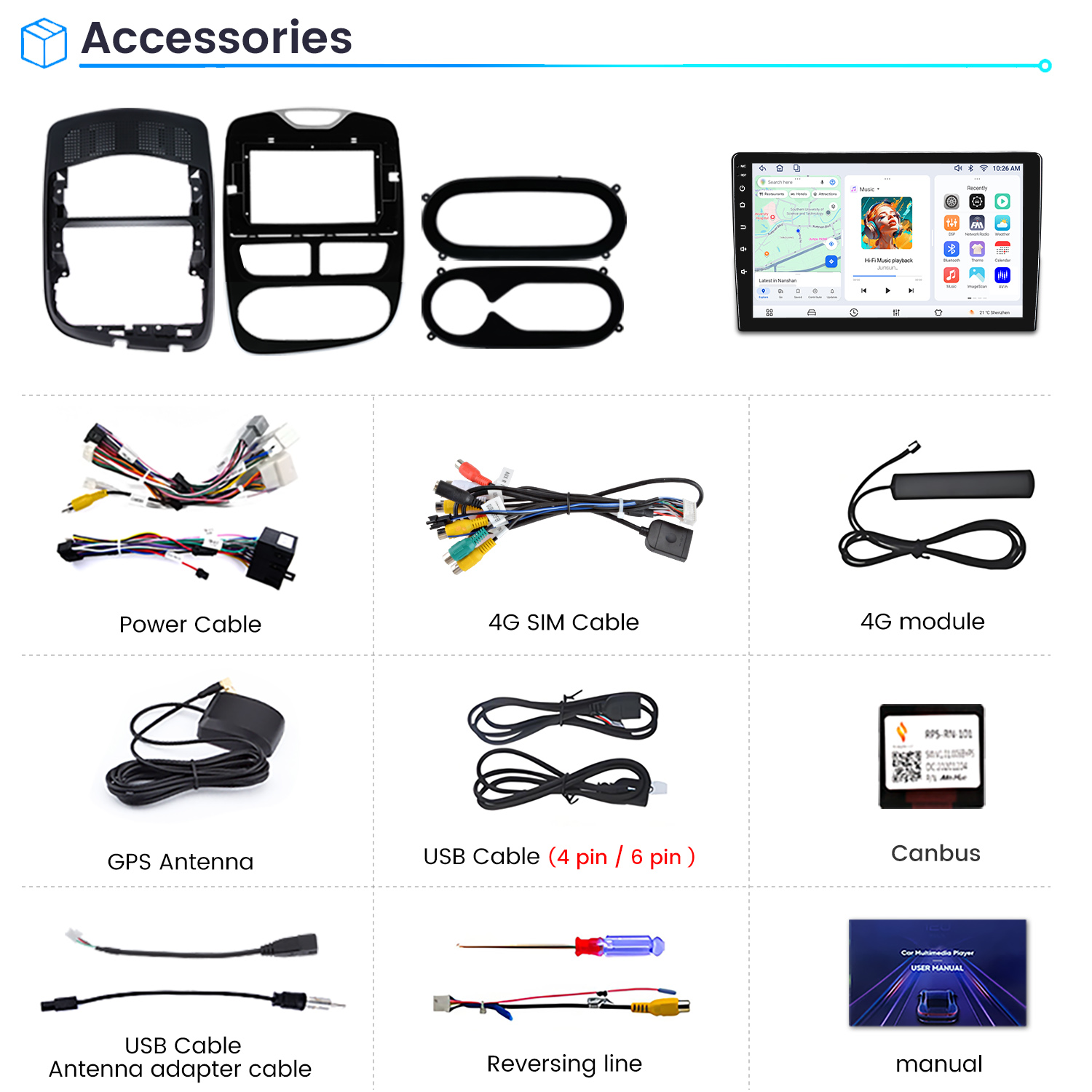 Accesorios: Marcos de salpicadero, cables, antenas, cables USB, Canbus, manual.