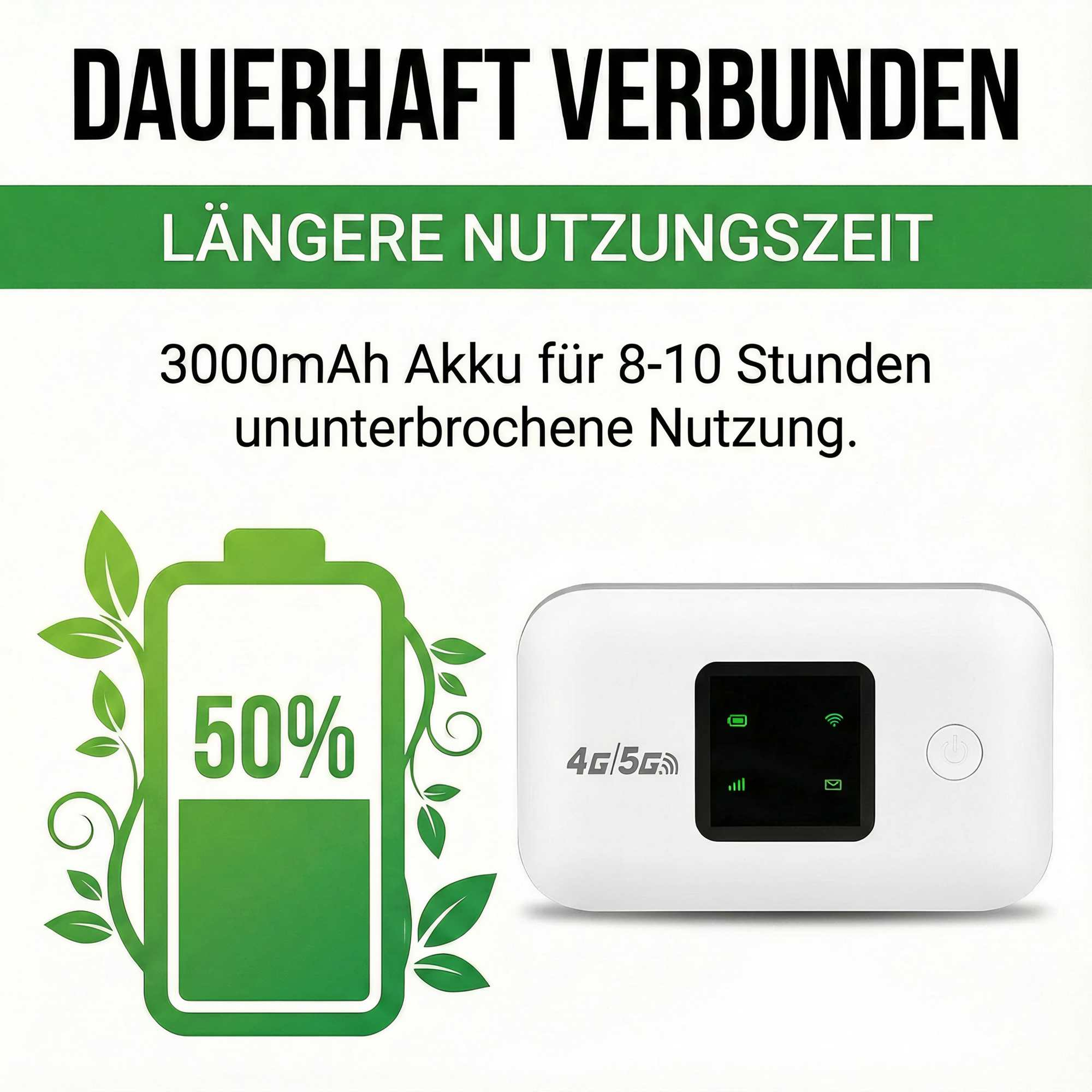 Eine Anzeige für ein 4G/5G-Gerät mit einem 3000-mAh-Akku, der 8-10 Stunden Nutzung verspricht. Es zeigt ein Batteriesymbol mit 50 % Ladung und grünen Blättern.