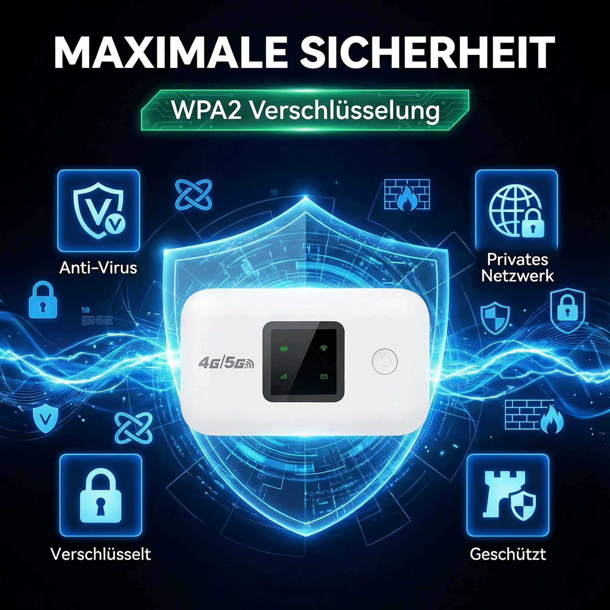 Ein weißer 4G/5G-Router mit Sicherheitssymbolen: Anti-Virus, Verschlüsselt, Privates Netzwerk, Geschützt.