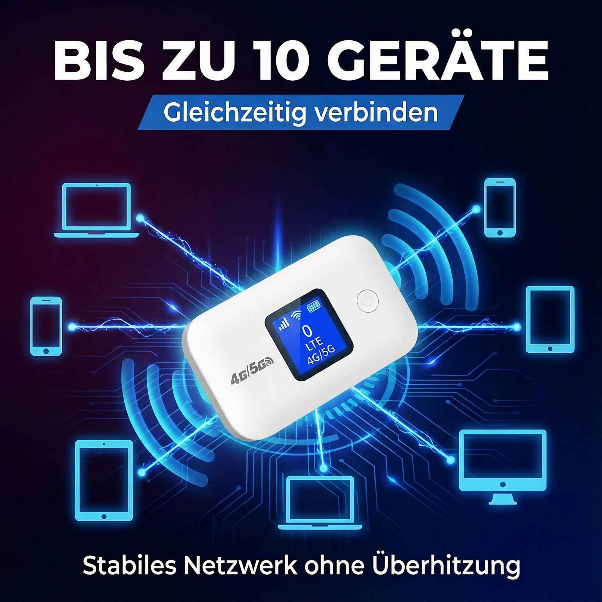 Ein weißer 4G/5G-Hotspot verbindet mehrere blaue Geräte. Text: Bis zu 10 Geräte.