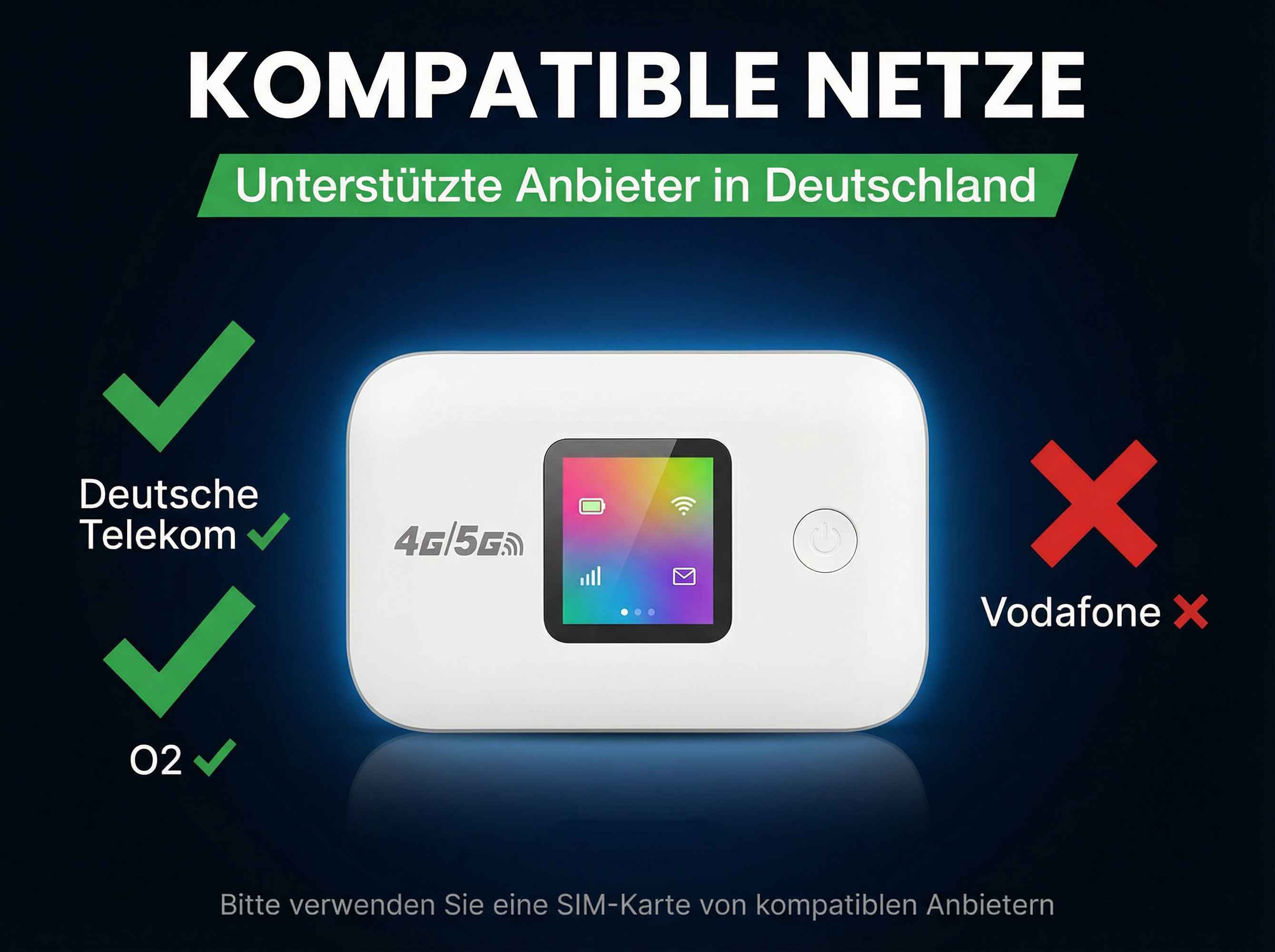 Ein weißer 4G/5G-Router mit einem Bildschirm, der kompatible Netze zeigt.