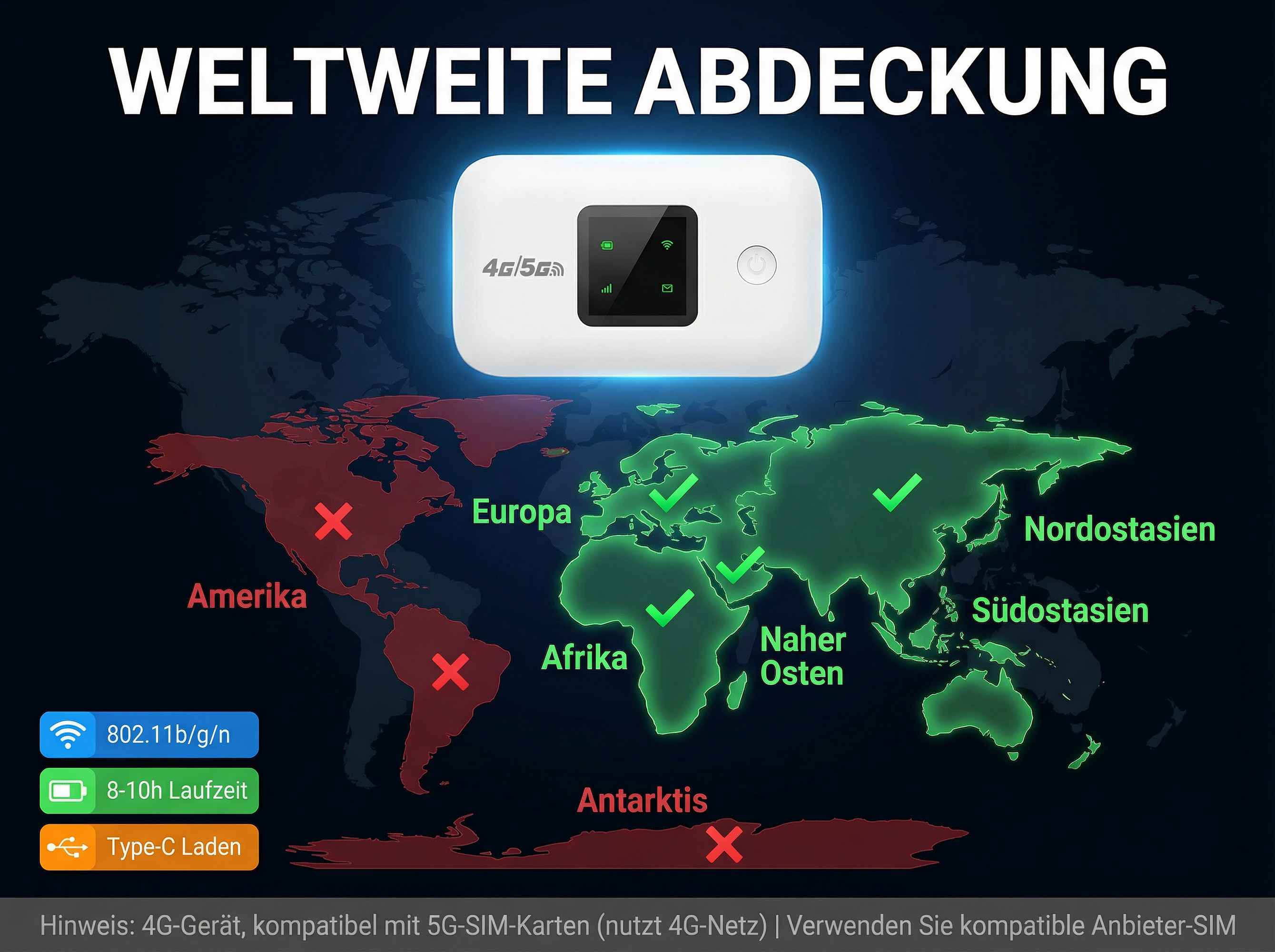 Globale Abdeckung mit 4G/5G-Gerät. Europa, Afrika, Naher Osten, Nordostasien, Südostasien grün.
