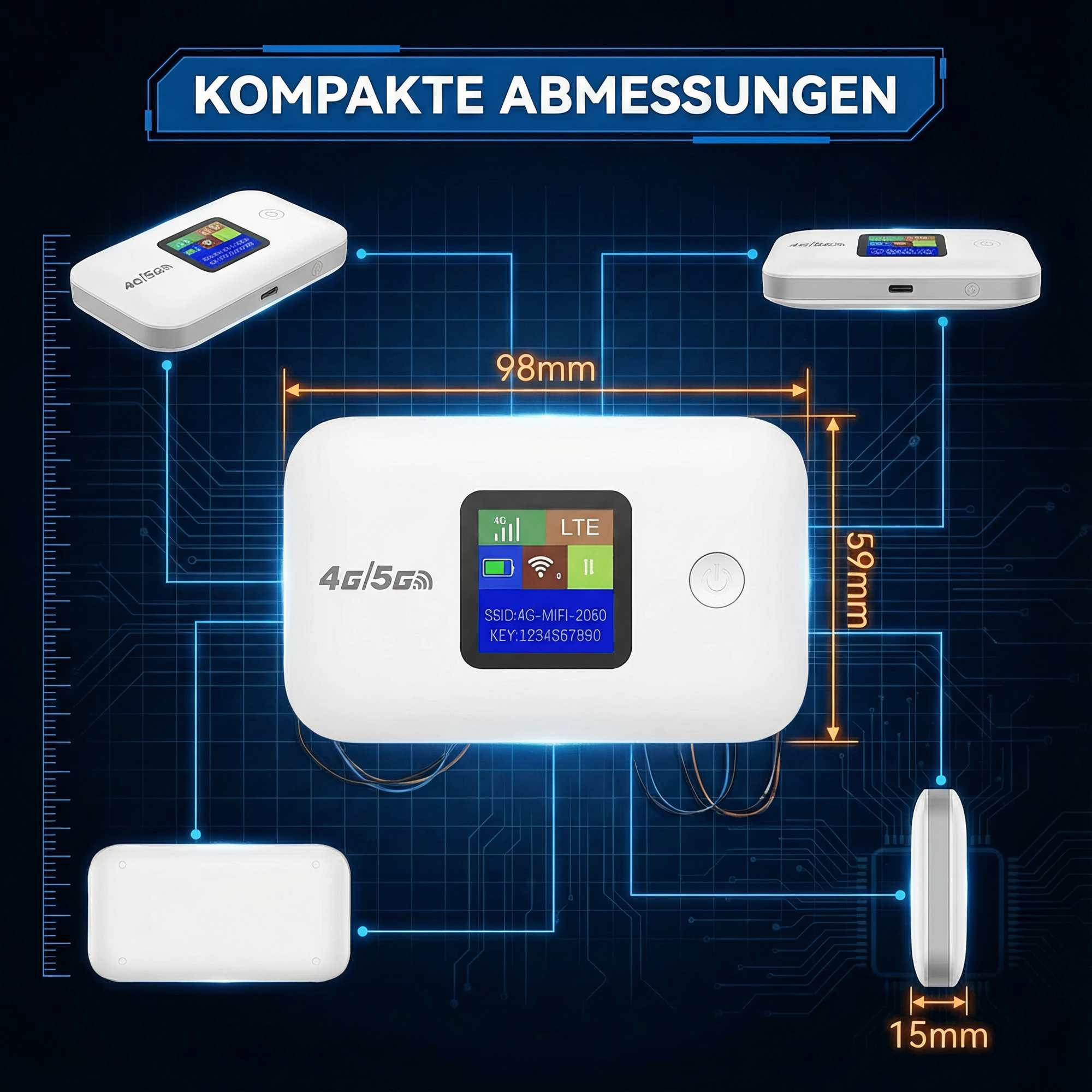 Ein weißer 4G/5G-WLAN-Hotspot mit Maßen 98x59x15mm. Die Anzeige zeigt LTE-Signal.