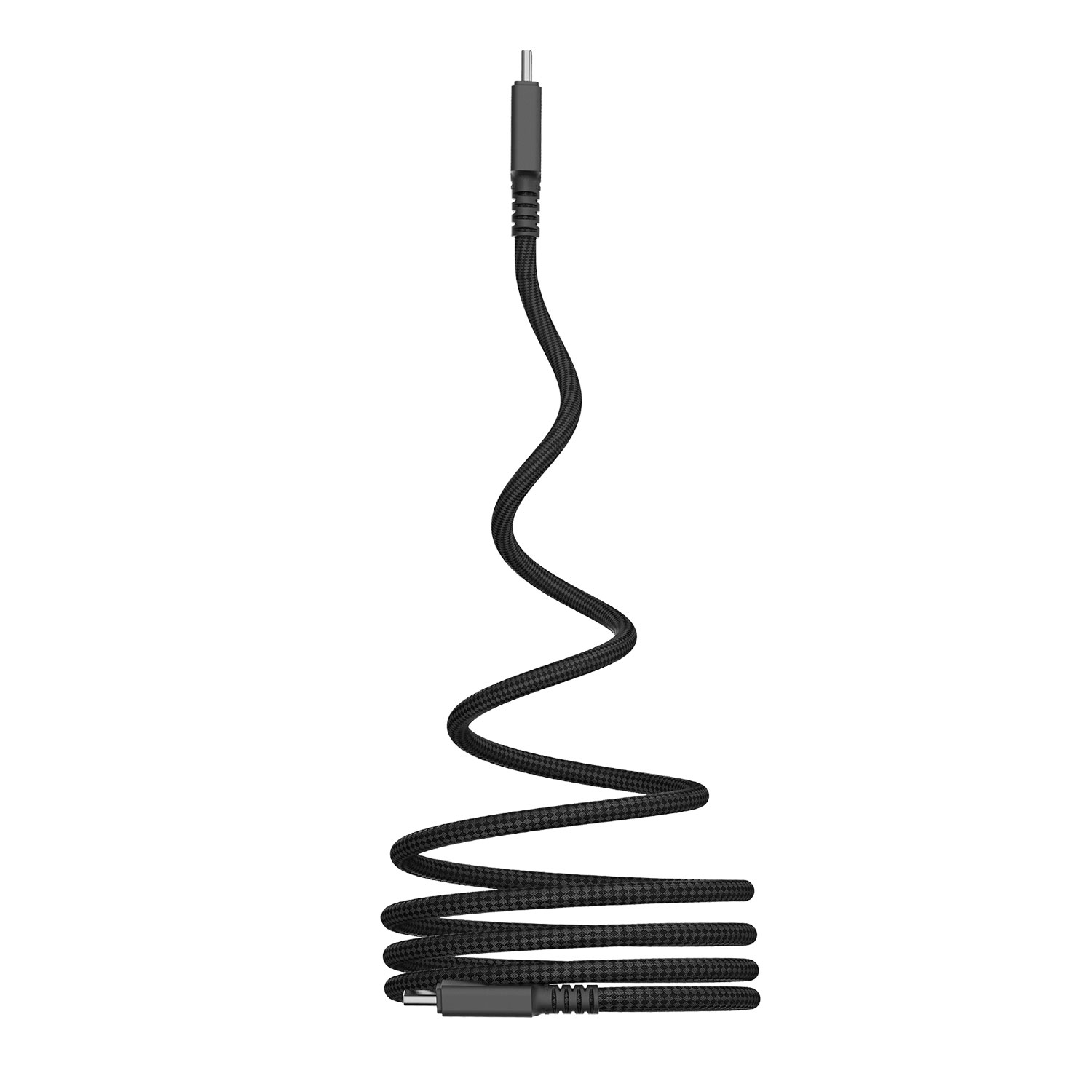 Ein schwarzes USB-C-Kabel mit einem gewebten Muster, das sich in einer Schlaufe windet.