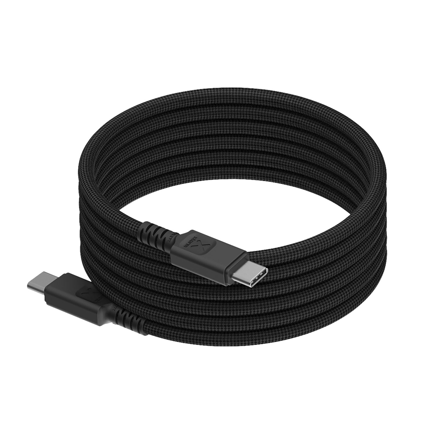 Ein schwarzes USB-C-Kabel mit Stoffummantelung, aufgerollt.