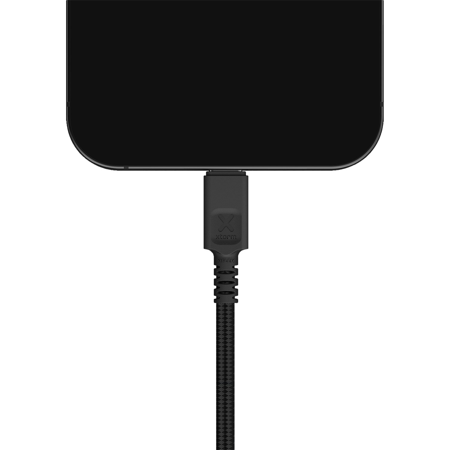 Schwarzes Ladekabel verbunden mit einem schwarzen Gerät.