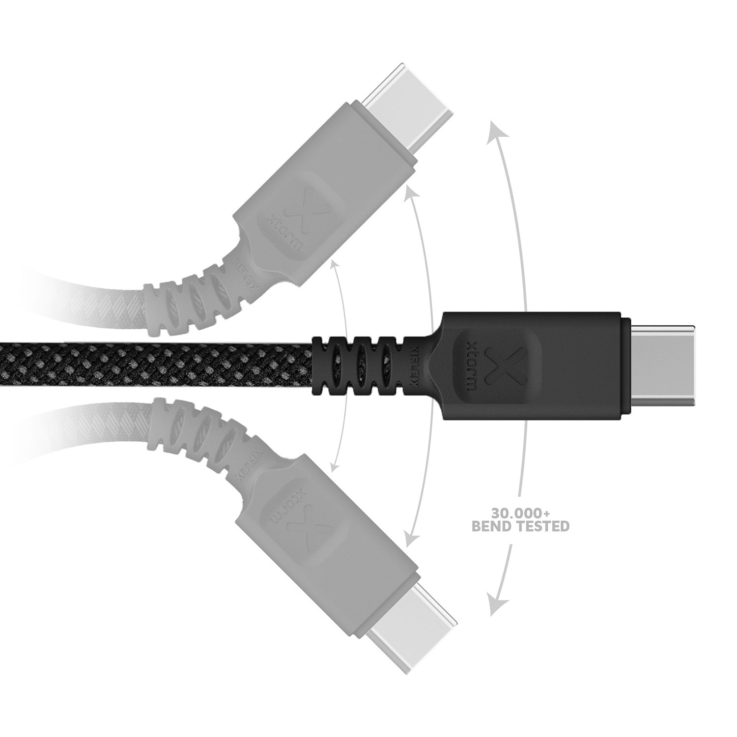 Ein schwarzes USB-C-Kabel mit zwei grauen USB-C-Steckern, die sich biegen lassen.