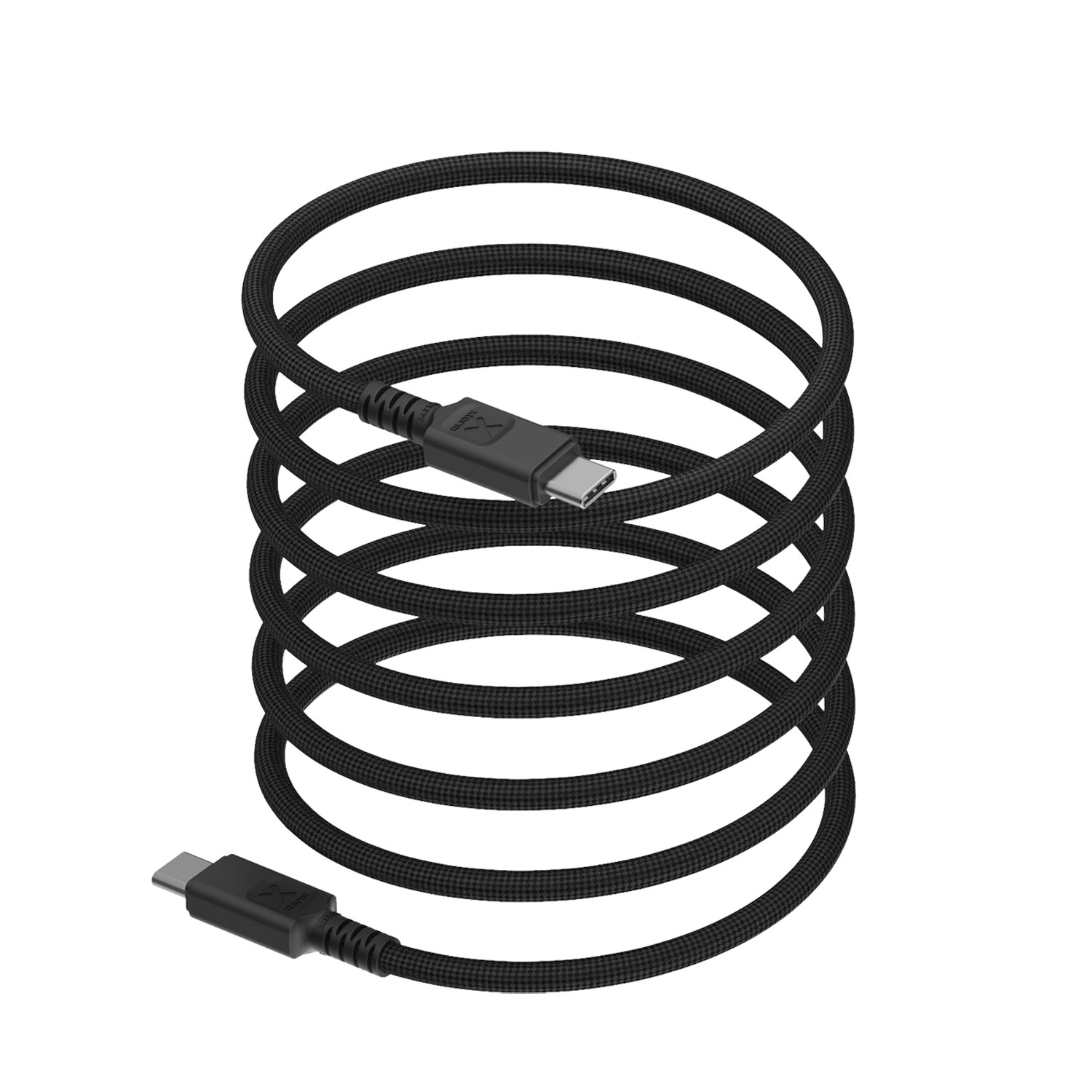 Ein schwarz geflochtenes USB-C zu USB-C Kabel, vertikal aufgerollt auf weißem Hintergrund, beide silbernen Stecker sichtbar.