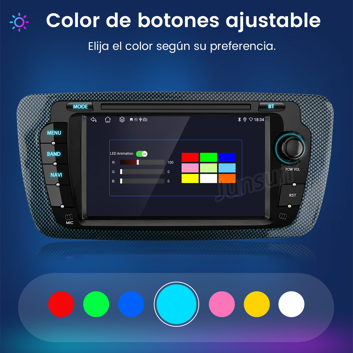 Pantalla de radio de coche muestra colores de botones ajustables con controles deslizantes RGB.