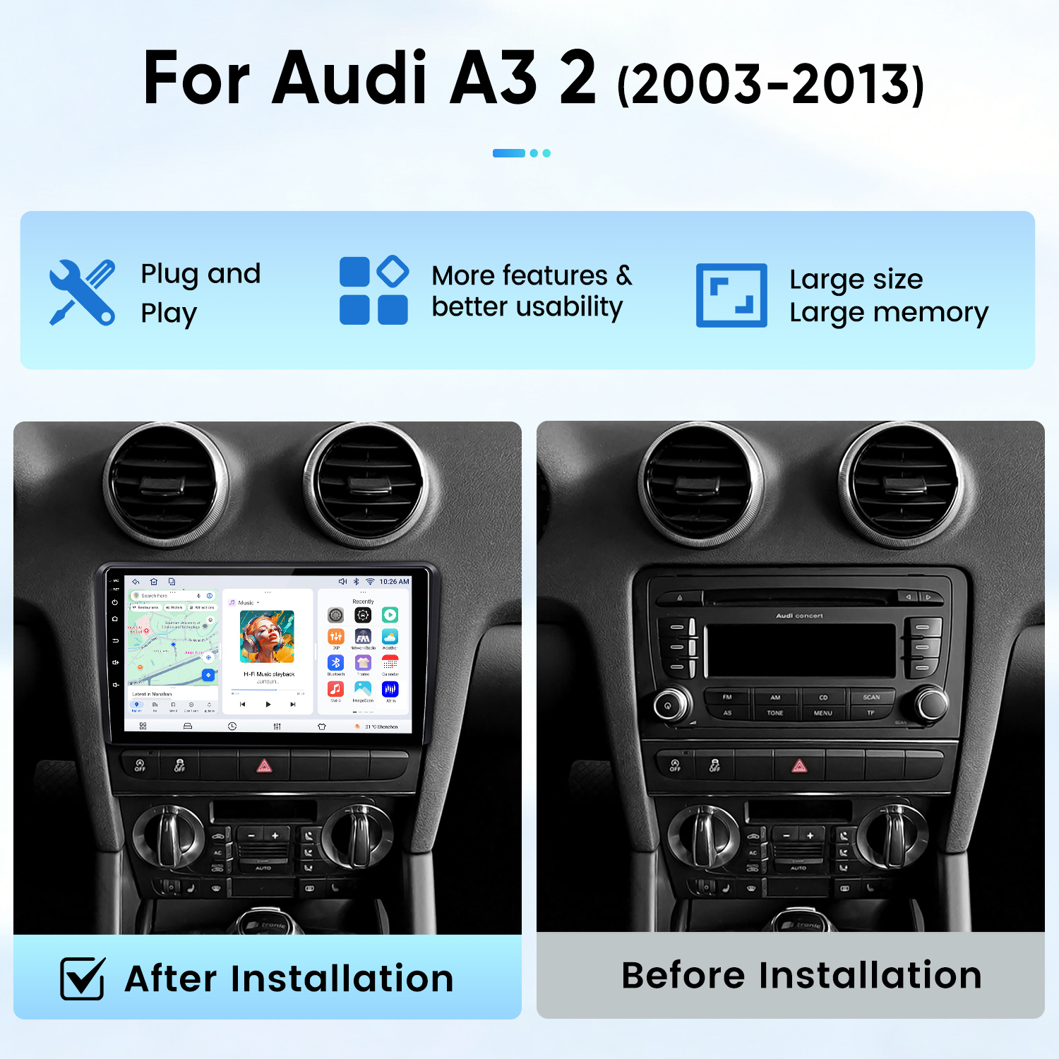 Imagen que muestra el salpicadero de un coche con un sistema de radio antes y después de la instalación, con la mitad superior indicando características.