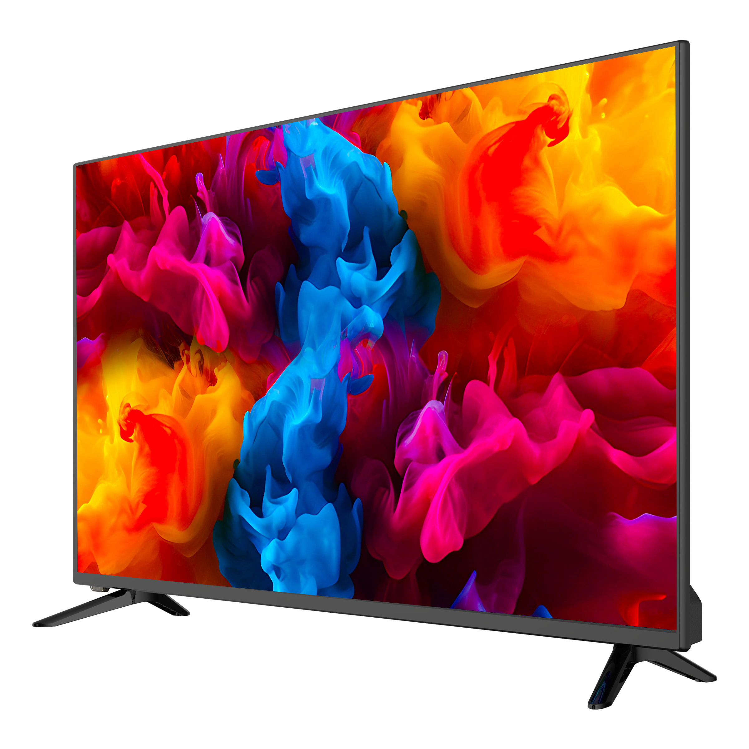 Czarny telewizor smart z żywym, kolorowym abstrakcyjnym obrazem wyświetlanym na ekranie, na białym tle.