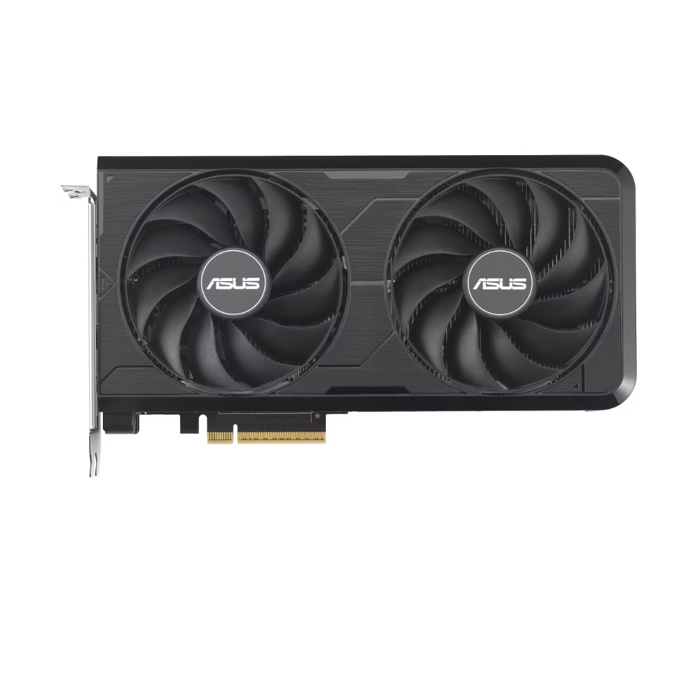 Scheda grafica nera con due ventole e logo ASUS.