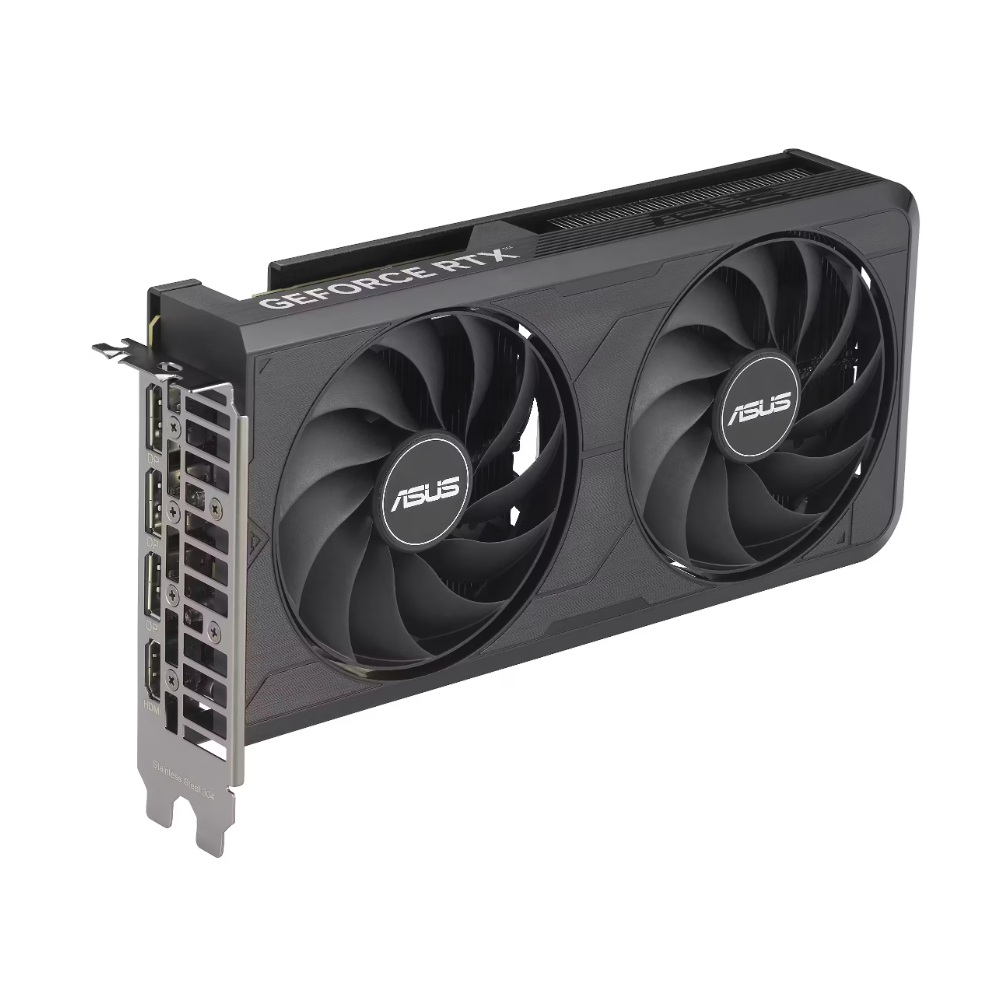 Scheda grafica nera con due ventole e logo ASUS, porte sul lato.