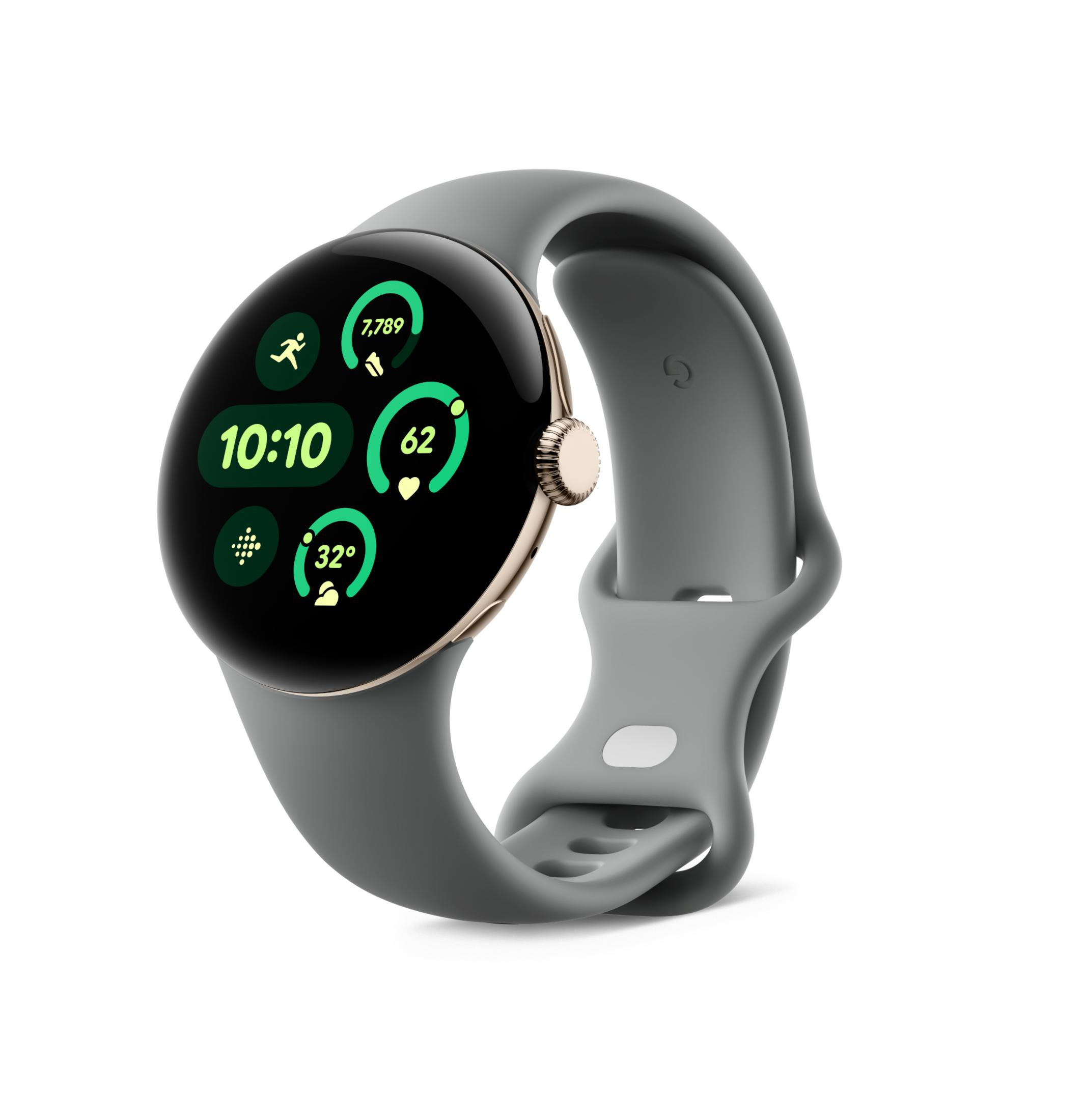 Szary smartwatch ze złotą ramką, kolorowy ekran pokazuje godzinę, kroki i temperaturę.