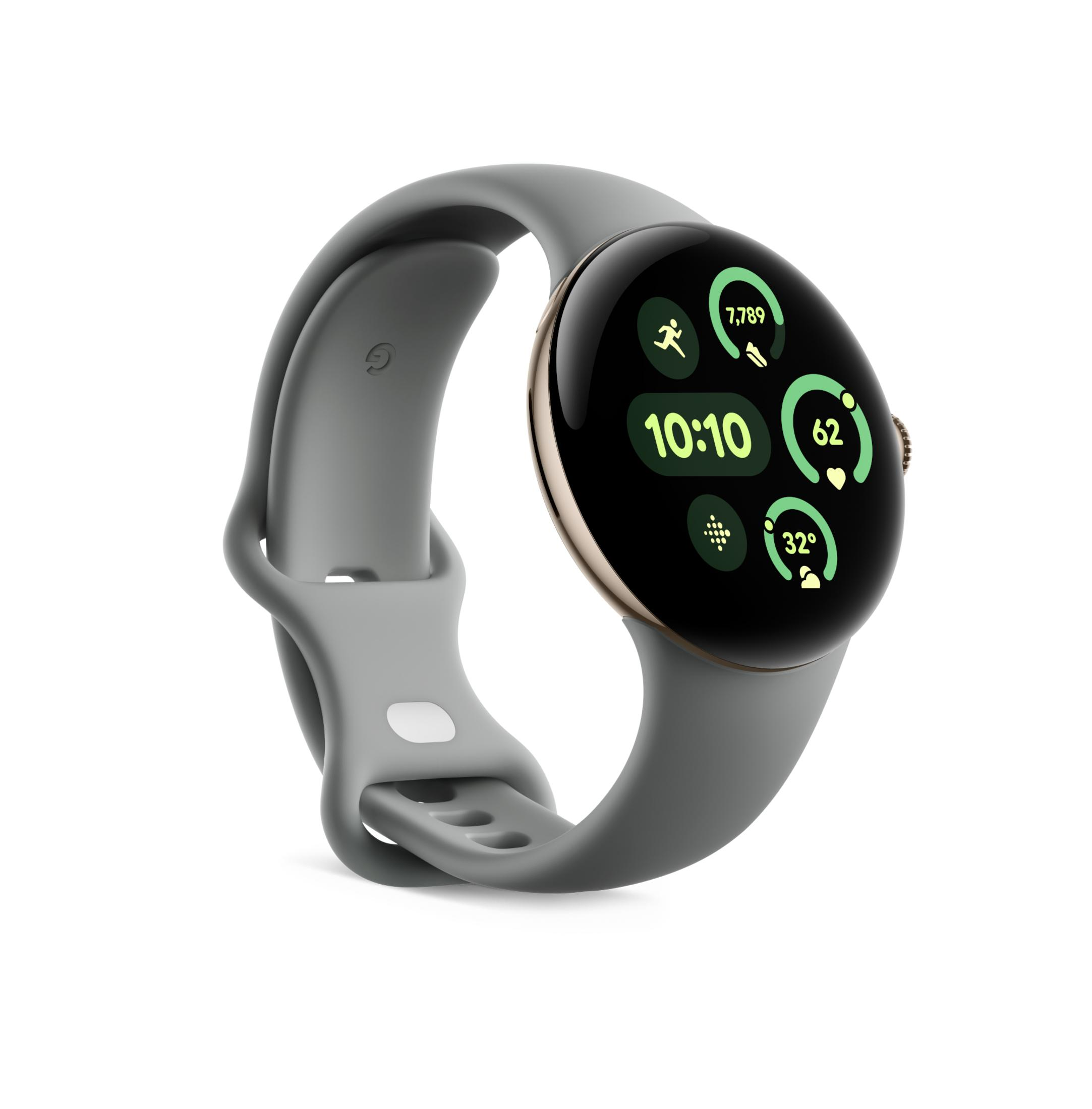 Szary smartwatch ze złotą ramką. Wyświetla czas, kroki, tętno i temperaturę.