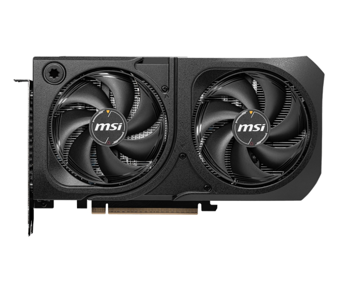 Scheda grafica MSI nera con due ventole e logo MSI argentato su sfondo bianco.