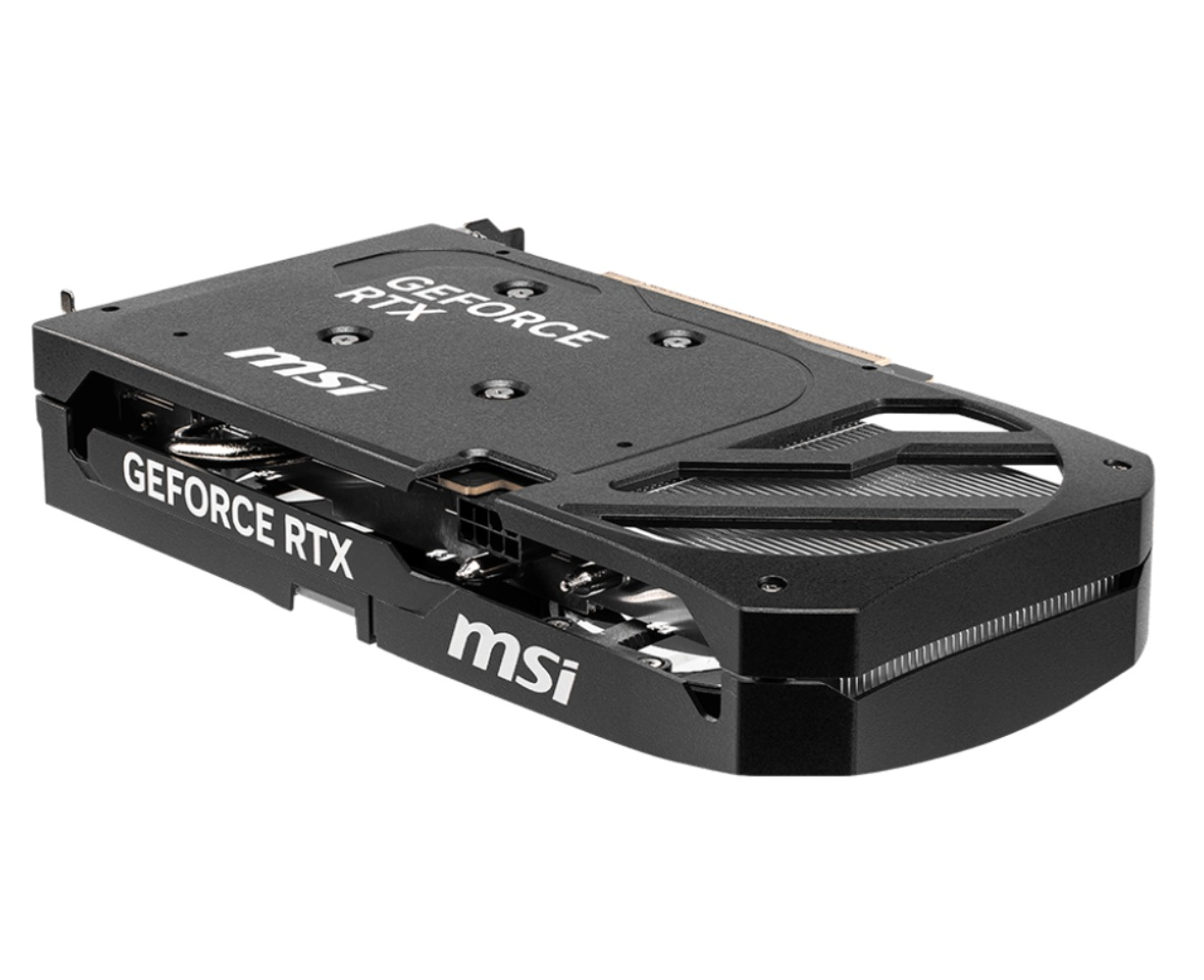 Scheda grafica MSI GeForce RTX nera con dettagli argento, su sfondo bianco.