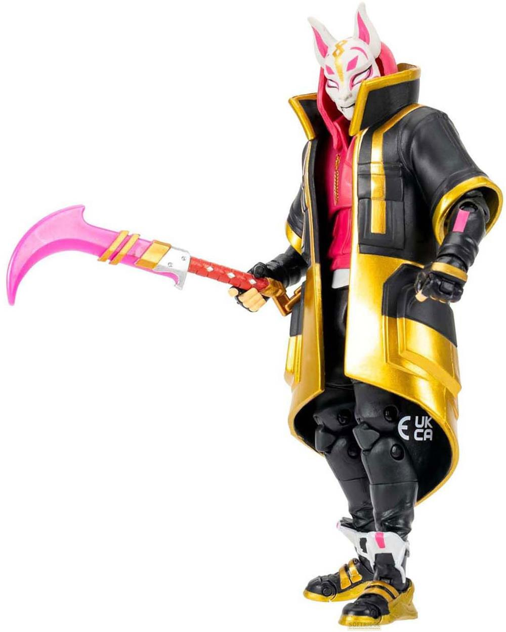 Eine Figur mit Fellmaske, schwarzem Mantel mit Goldrand und pinker Waffe.