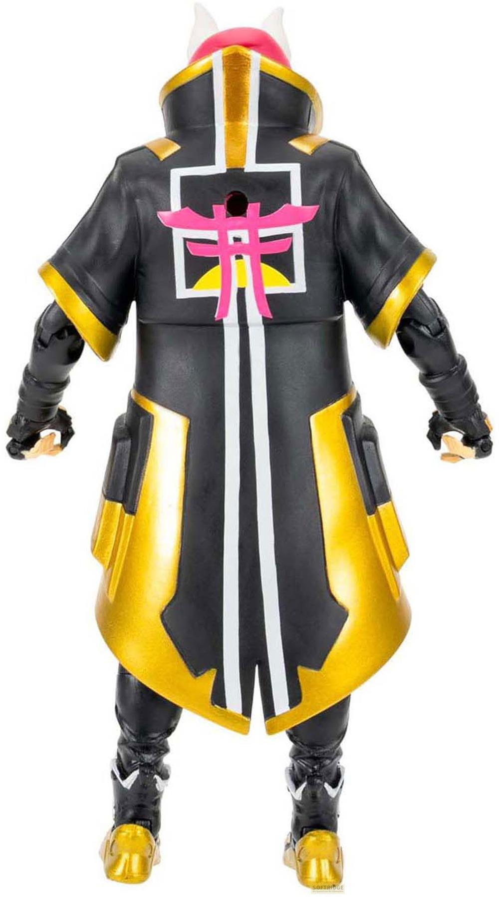 Eine Figur in Schwarz mit Goldakzenten, die aufrecht steht.