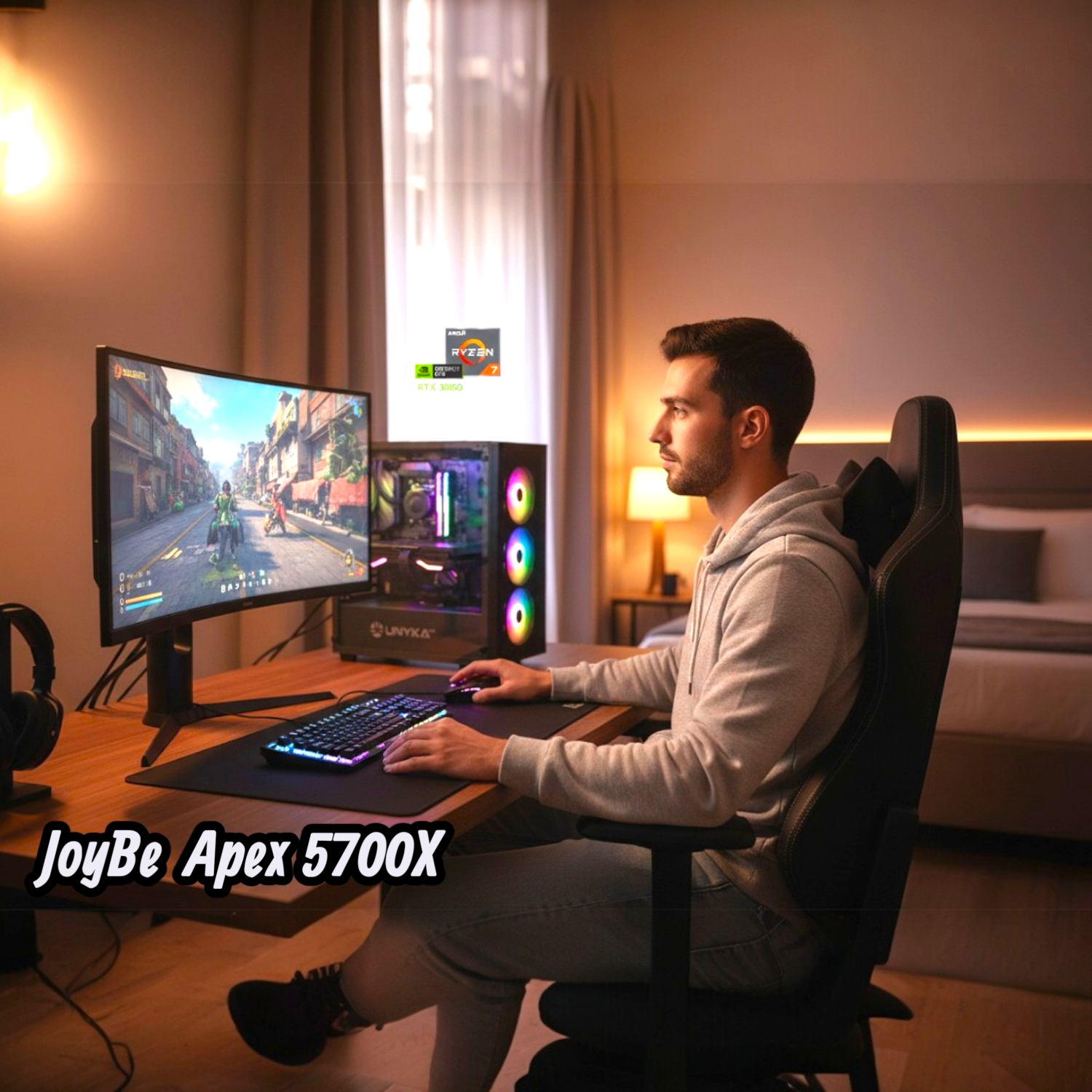 Hombre sentado en un escritorio jugando en un PC con iluminación RGB.