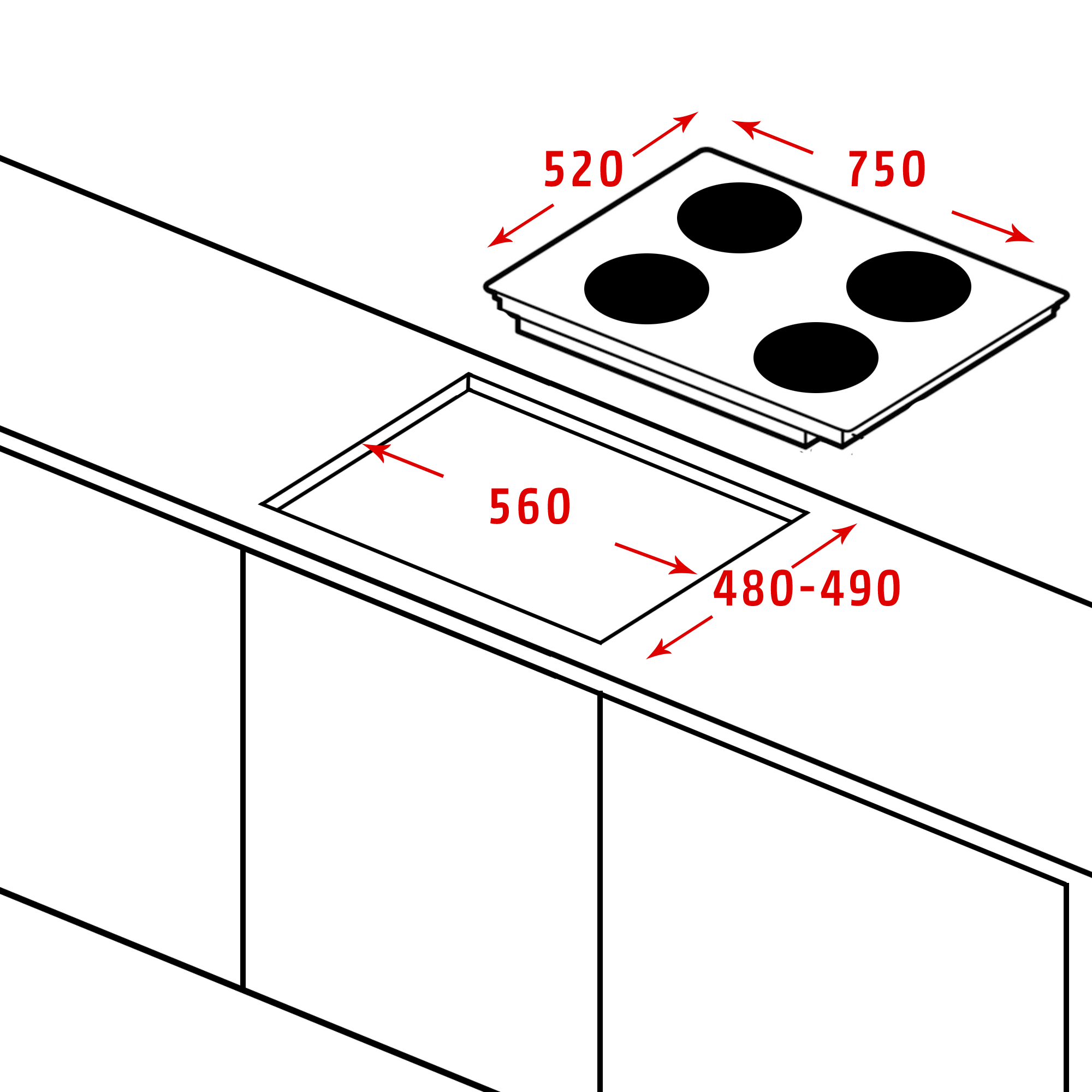 Un piano cottura con quattro zone cottura nere e indicazioni di dimensioni.