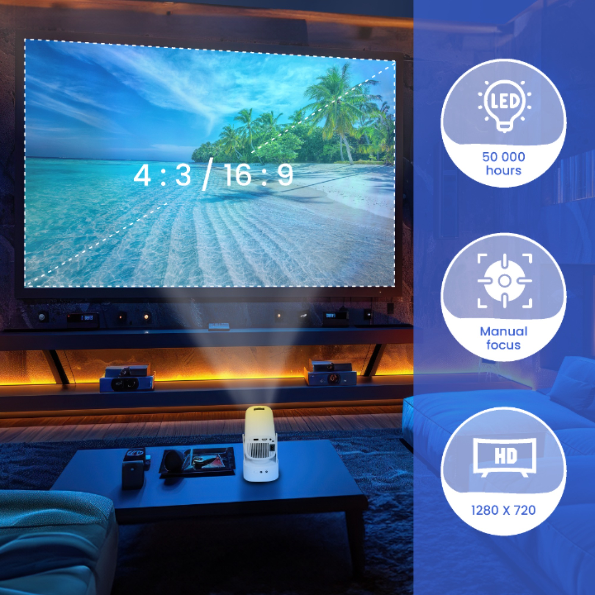 Projektor mit tropischem Strandbild und Icons für LED, manuellen Fokus und HD.