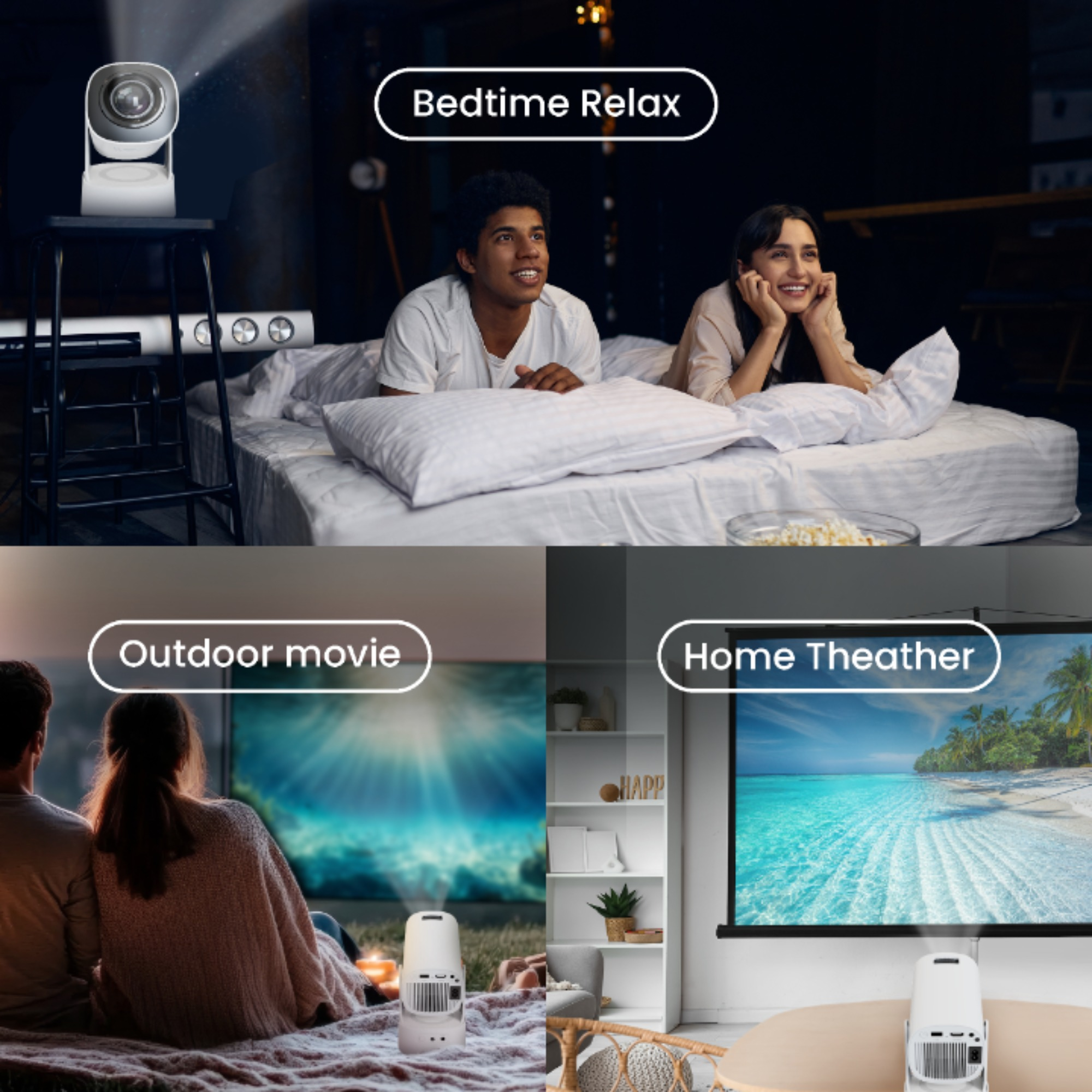 Vier Szenen zeigen Projektoren in verschiedenen Umgebungen: Schlafzimmer, draußen, Wohnzimmer.