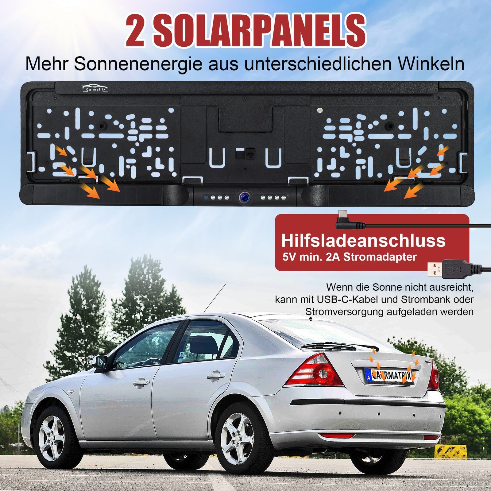 Silberne Limousine mit Nummernschildhalterung mit 2 Solarpanels und Ladeanschluss.