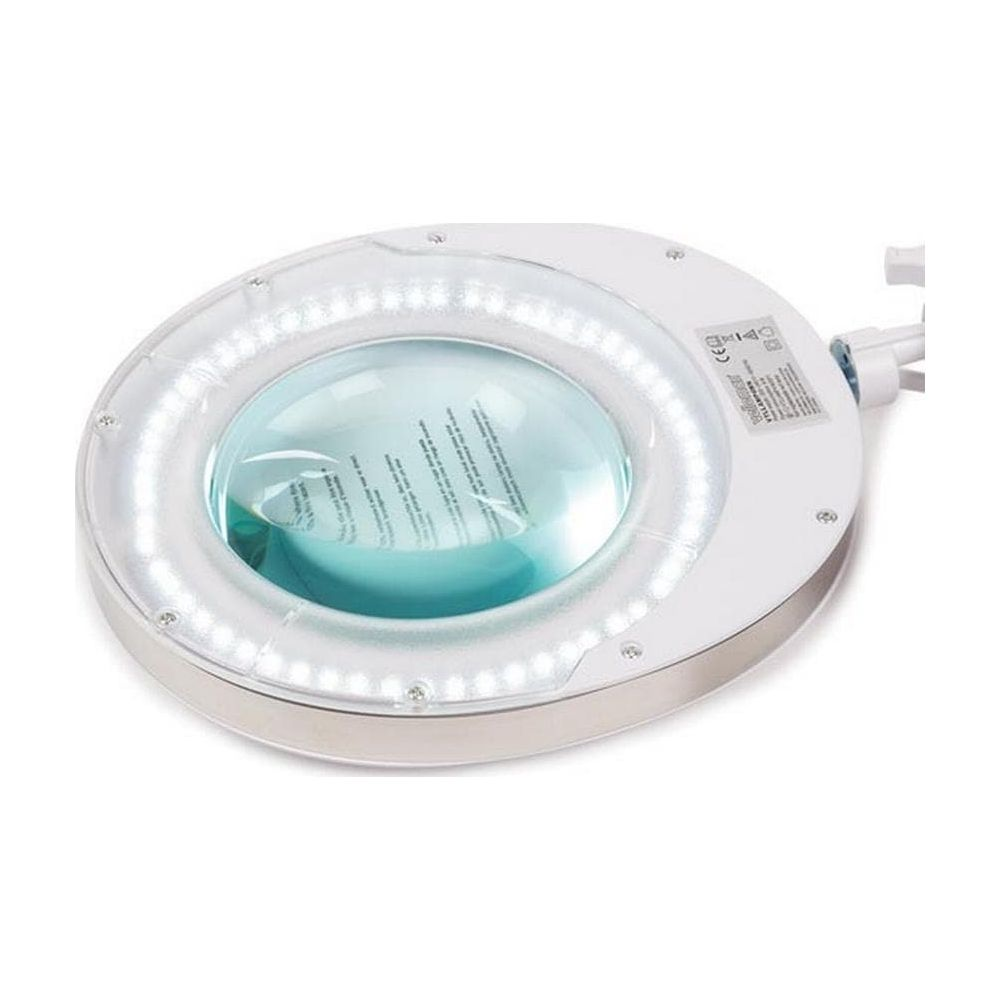 Eine weiße Lupe mit LED-Licht und einem blauen Objekt darin.