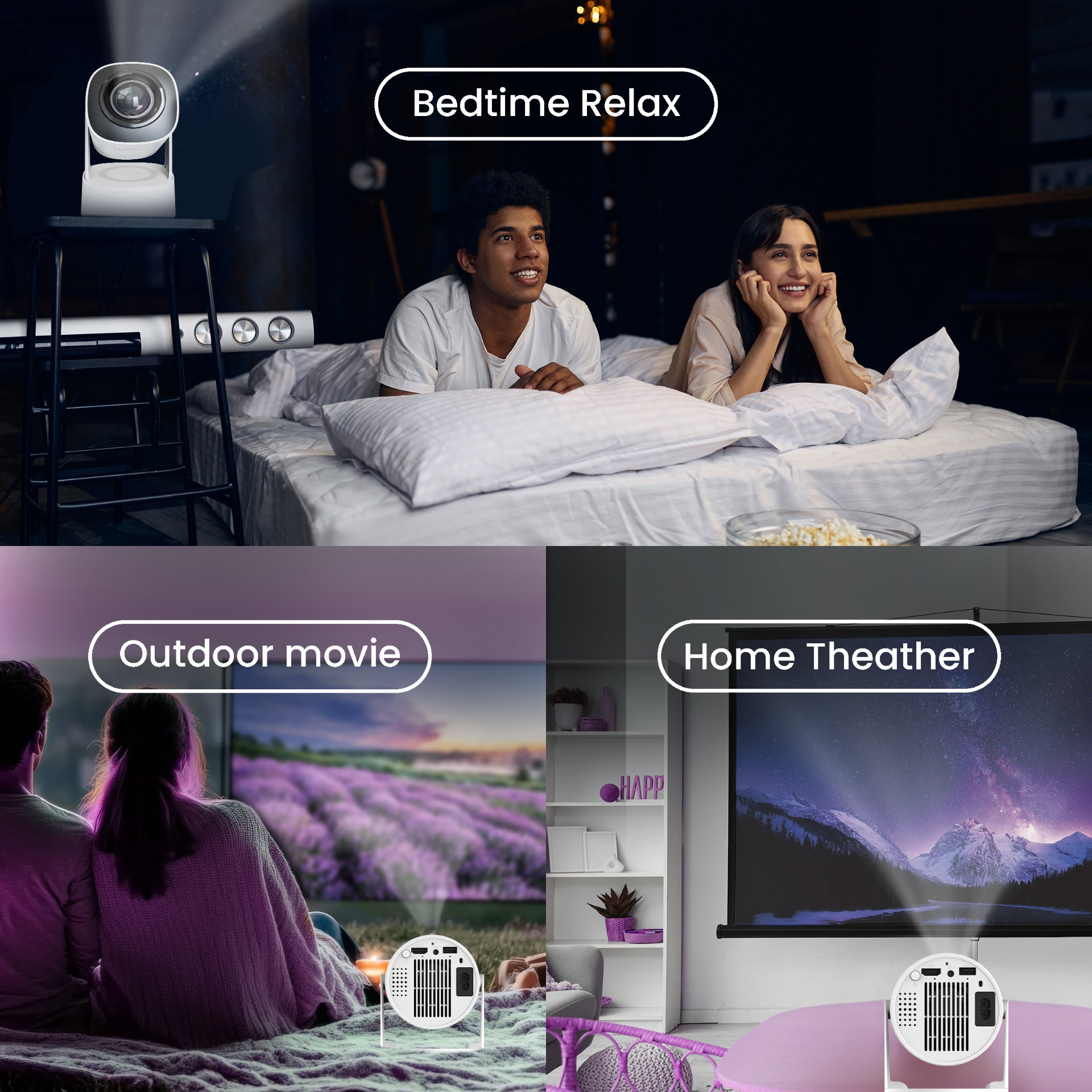 Vier Szenen zeigen Projektoren für Heimkino, Outdoor-Filme und Schlafzimmer.