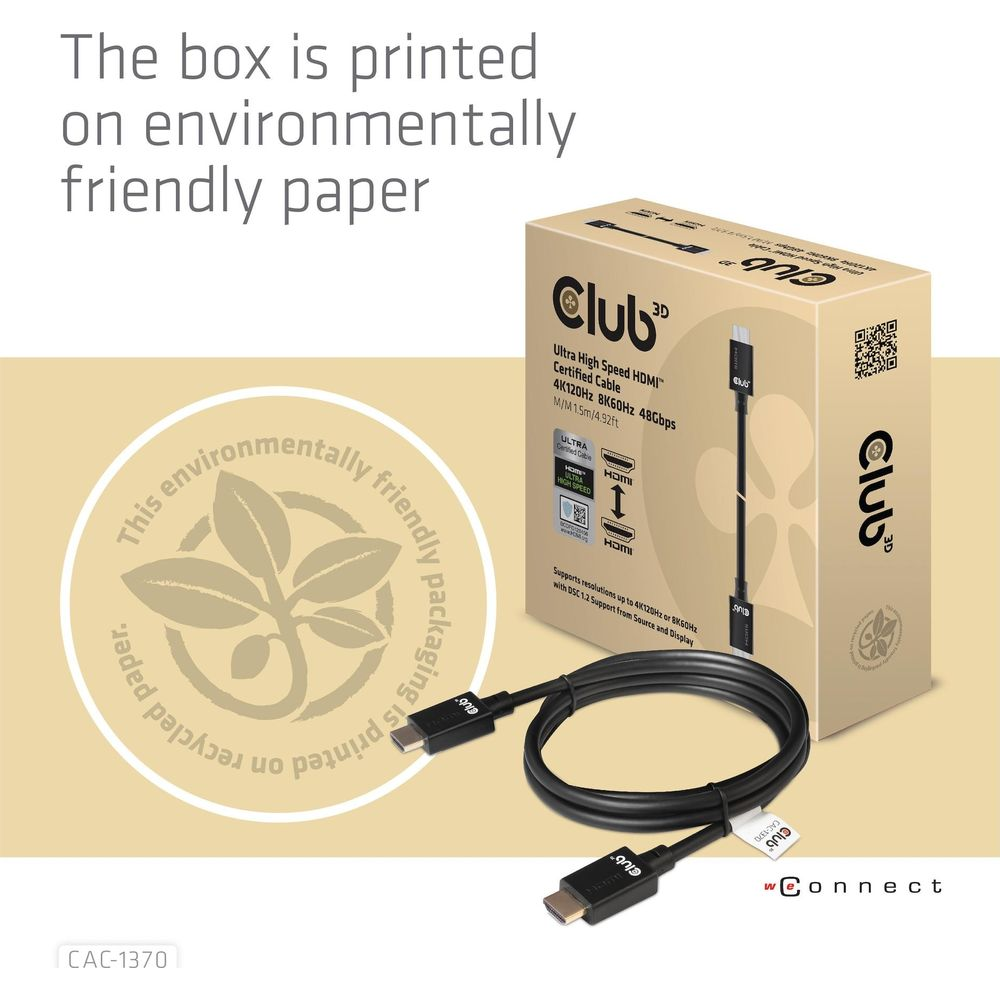 Club 3D HDMI Kabelbox mit einem schwarzen HDMI Kabel und Umweltpapier-Logo.