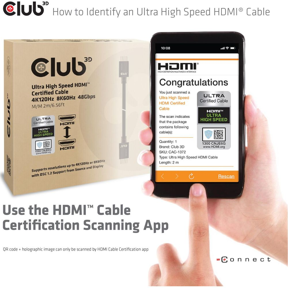 Verpackung und Telefon zeigen HDMI-Kabel-Zertifizierung. Scan zeigt Erfolg.