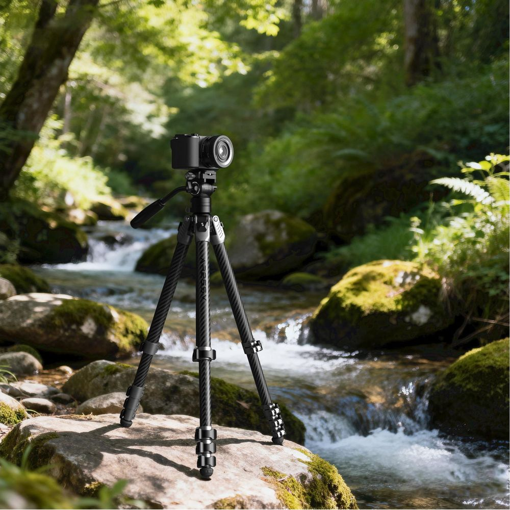 Une caméra sur un trépied se tient près d'un ruisseau en forêt.