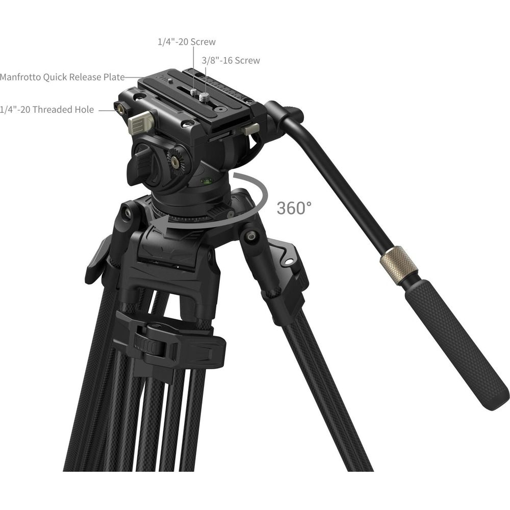 Une tête de trépied de caméra noire avec plaque de libération rapide, vis et marqueur 360°.