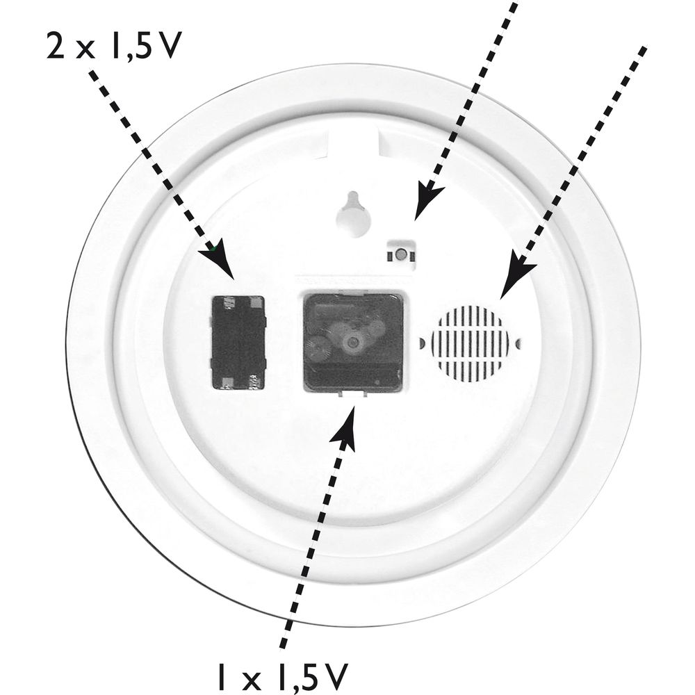 Arrière d'un mécanisme d'horloge blanc avec compartiment à piles, mouvement et haut-parleur.