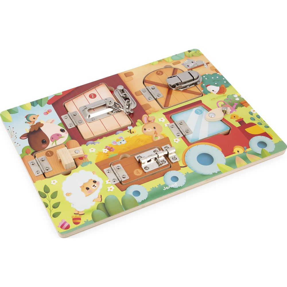 Ein Bauernhof-Brettspiel mit Tieren, Traktor und Schlössern.