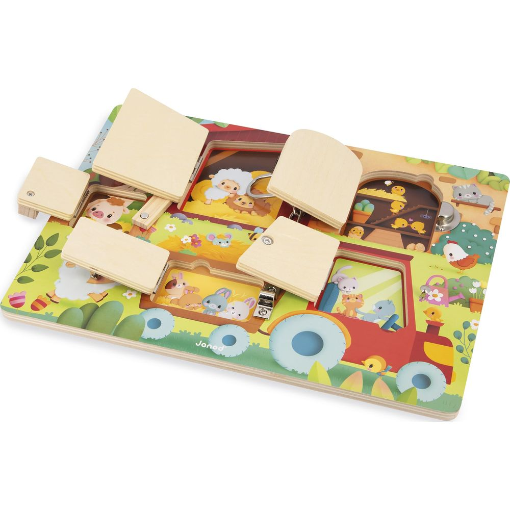 Ein Bauernhof-Puzzle mit Holzklötzen, einem roten Traktor und Tieren.