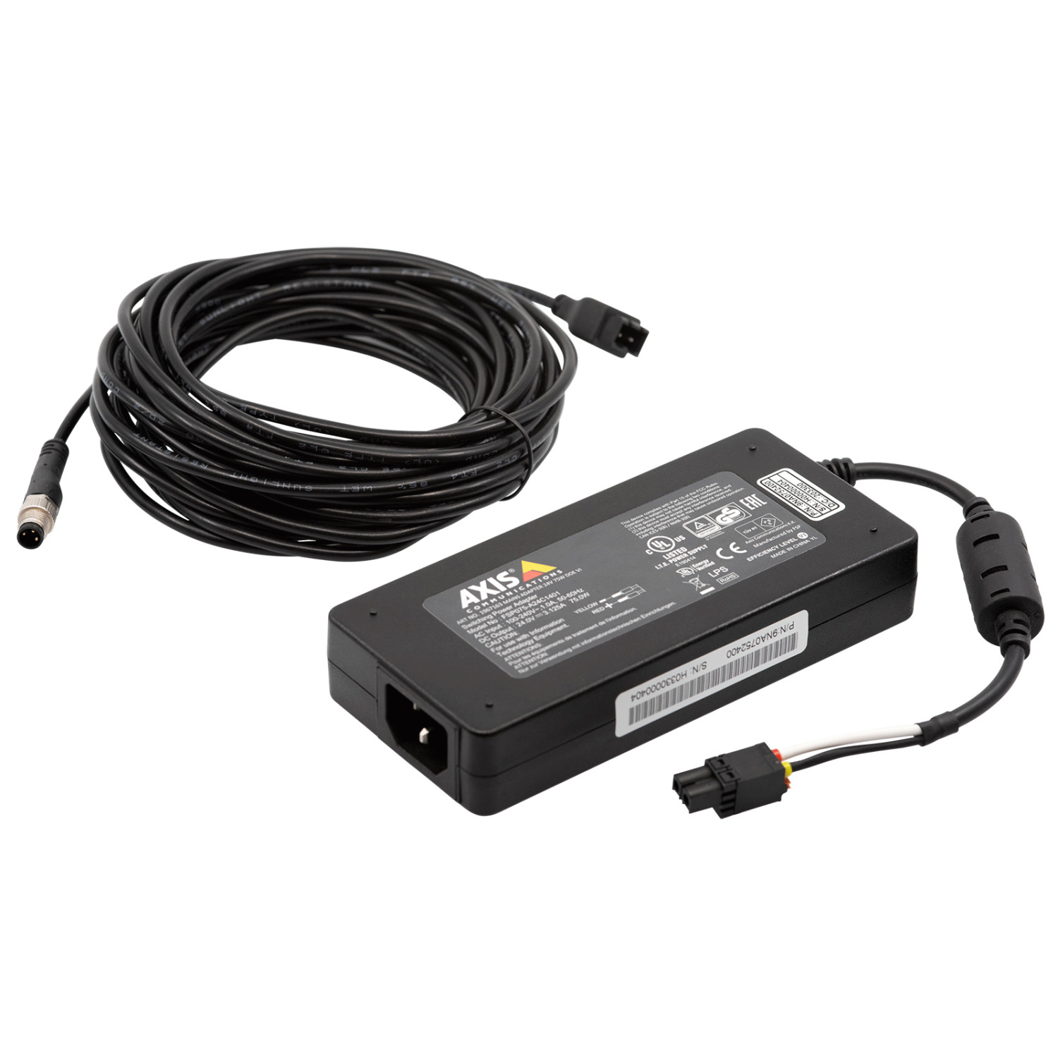 Schwarzer Netzadapter mit Kabel und Stecker, auf weißem Hintergrund.