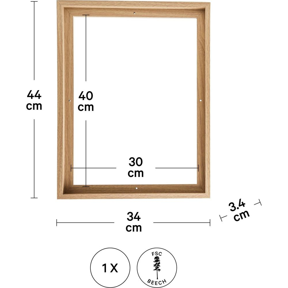 Un cadre photo en bois mesurant 44x34 cm avec une profondeur de 3,4 cm.