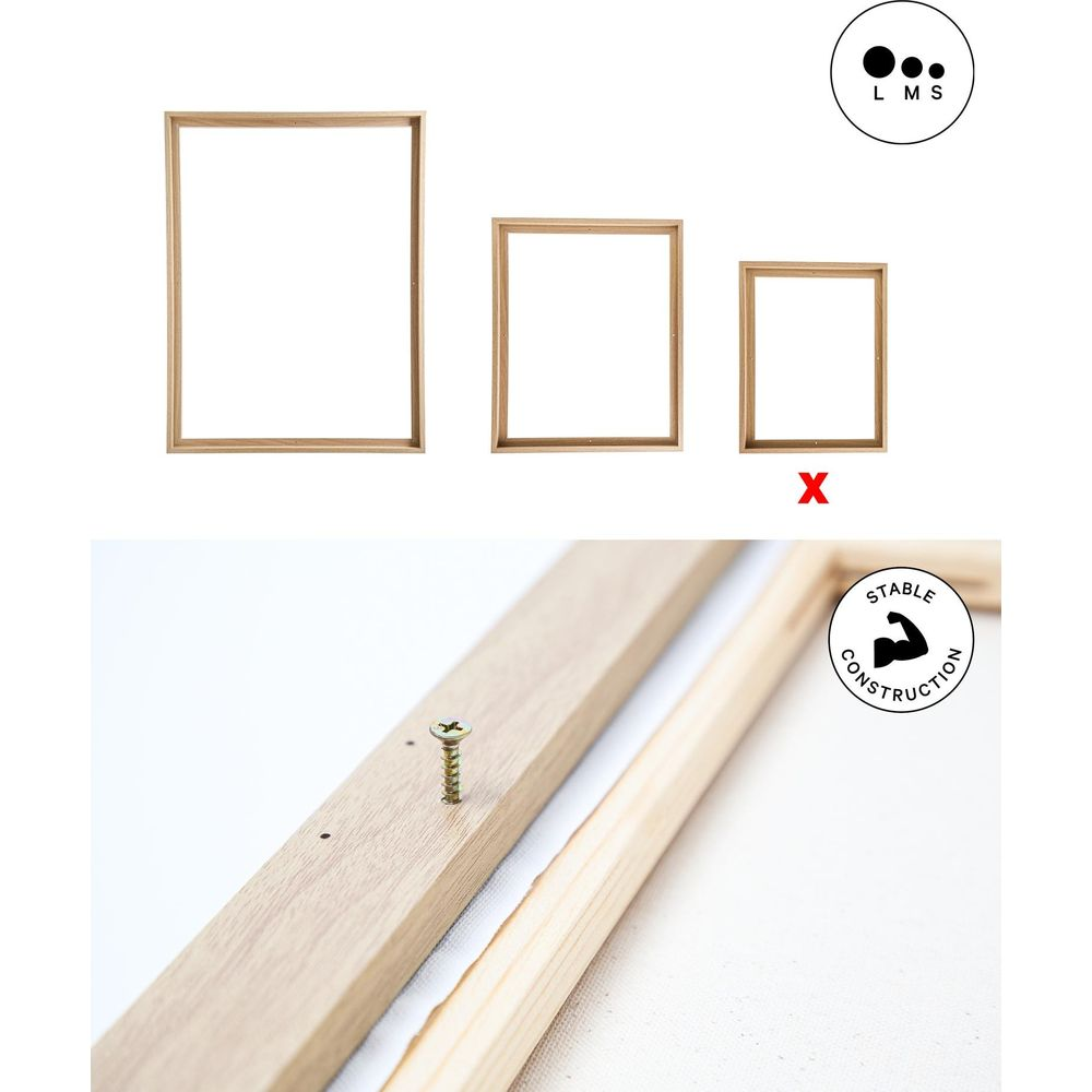 Trois cadres en bois de tailles différentes, une vis et un logo de construction stable.