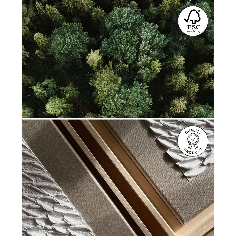 Vue aérienne de forêt avec logo FSC et gros plan de produit bois avec sceau qualité.