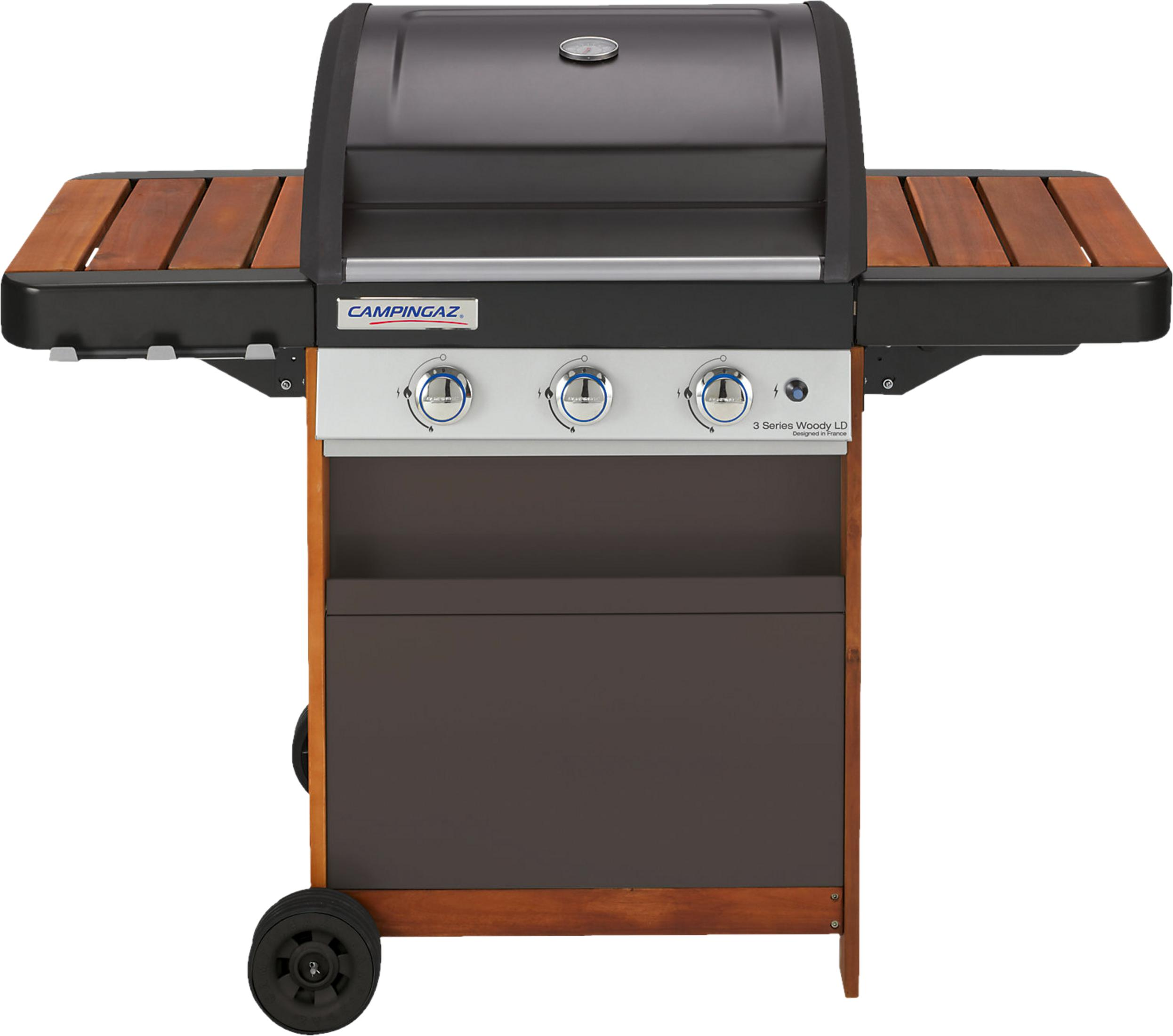 Ein schwarzer Gasgrill mit Holzablagen und Edelstahl-Bedienfeld.