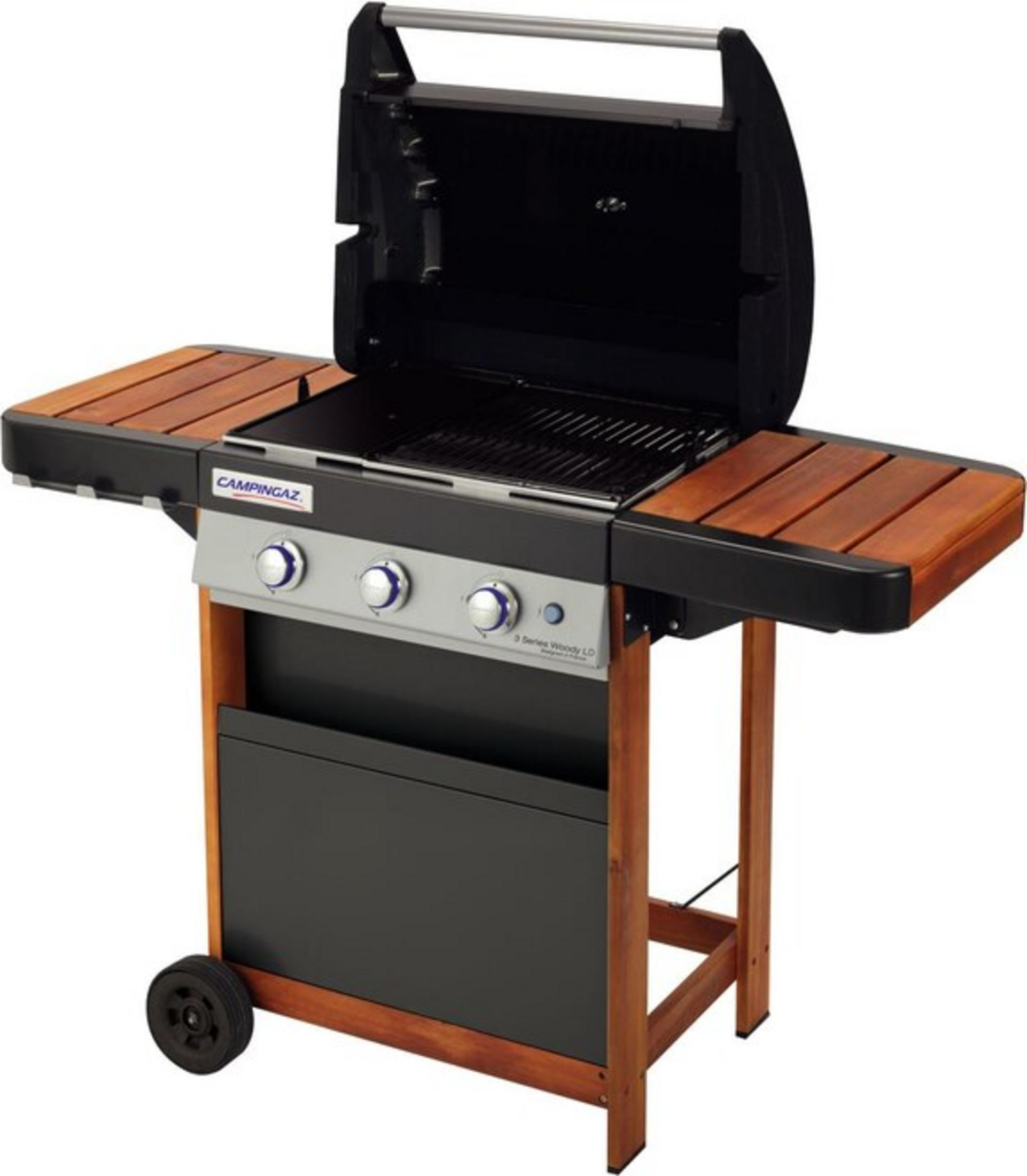 Ein Campingaz Grill mit Holzablagen, drei silbernen Knöpfen und schwarzem Unterschrank.